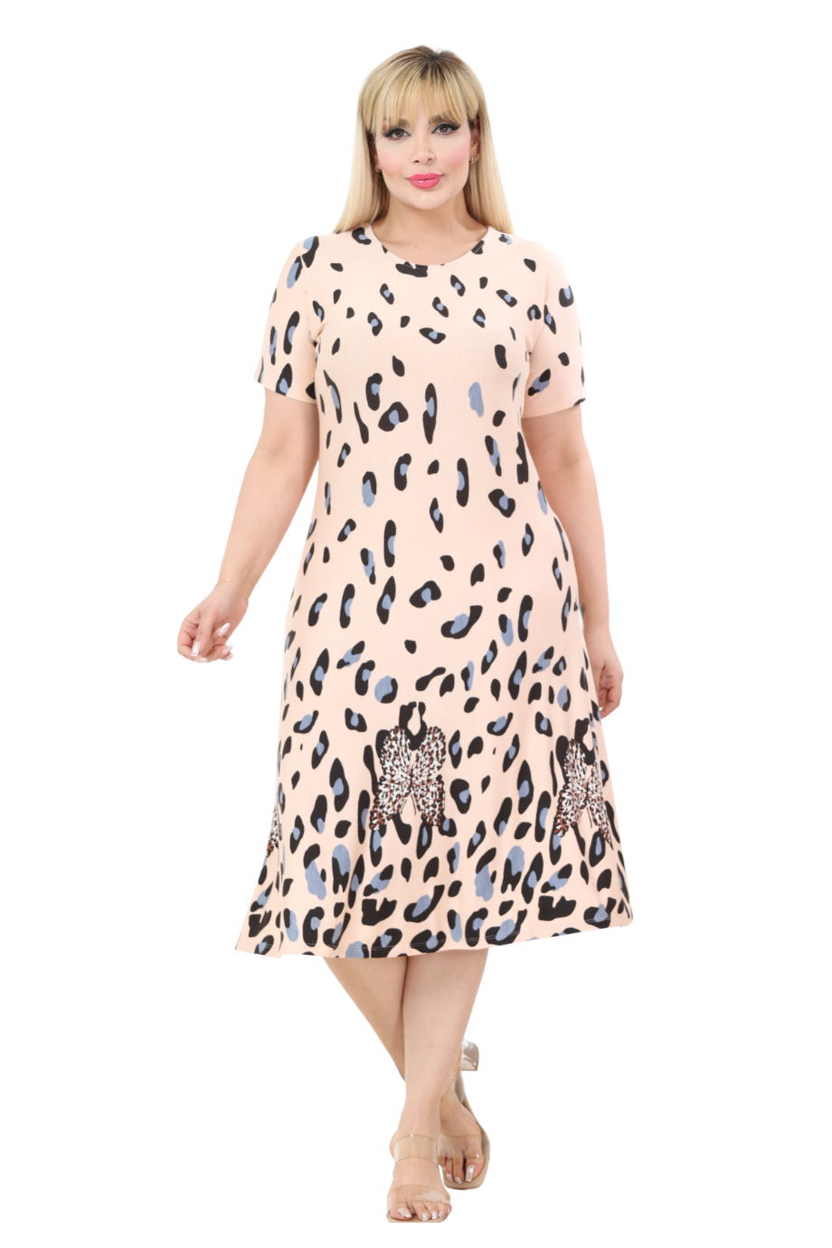 Melsay Butik Bej Kısa Kollu A Kesim Eteği Sulu Leopar Desen Midi Elbise