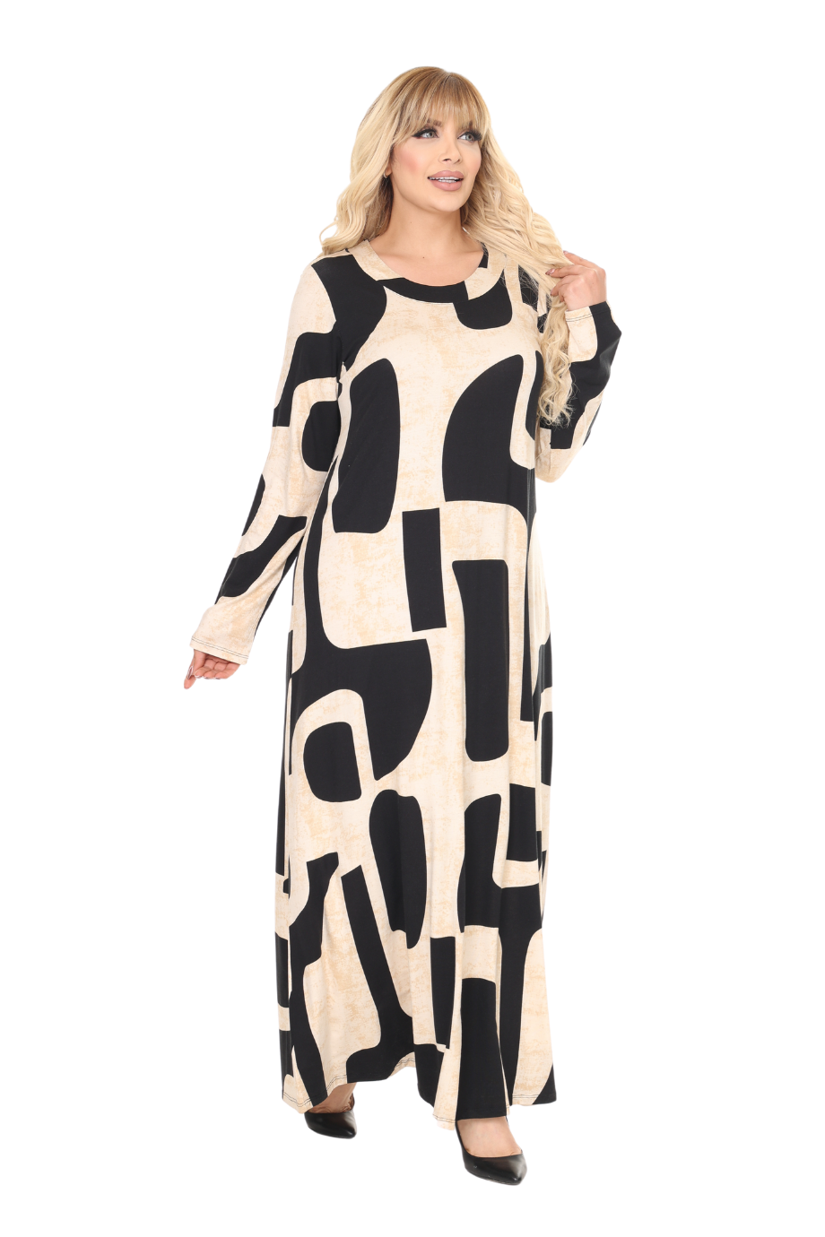 Melsay Butik Bej Picasso Desen Uzun Kollu Kadın Tesettür Elbise