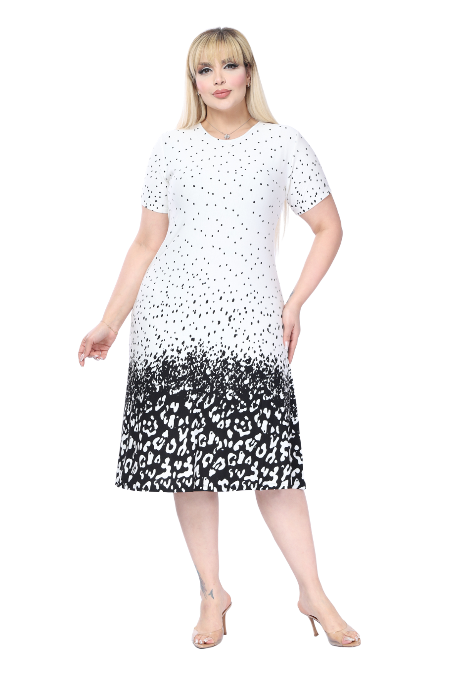 Melsay Butik Beyaz Puanlı Leopar Desen A Kesim Midi Elbise