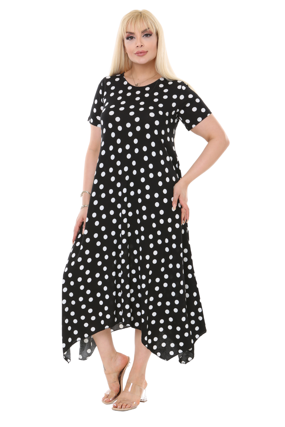 Melsay Butik Beyaz Puantiye Desen Asimetrik Kısa Kollu Elbise