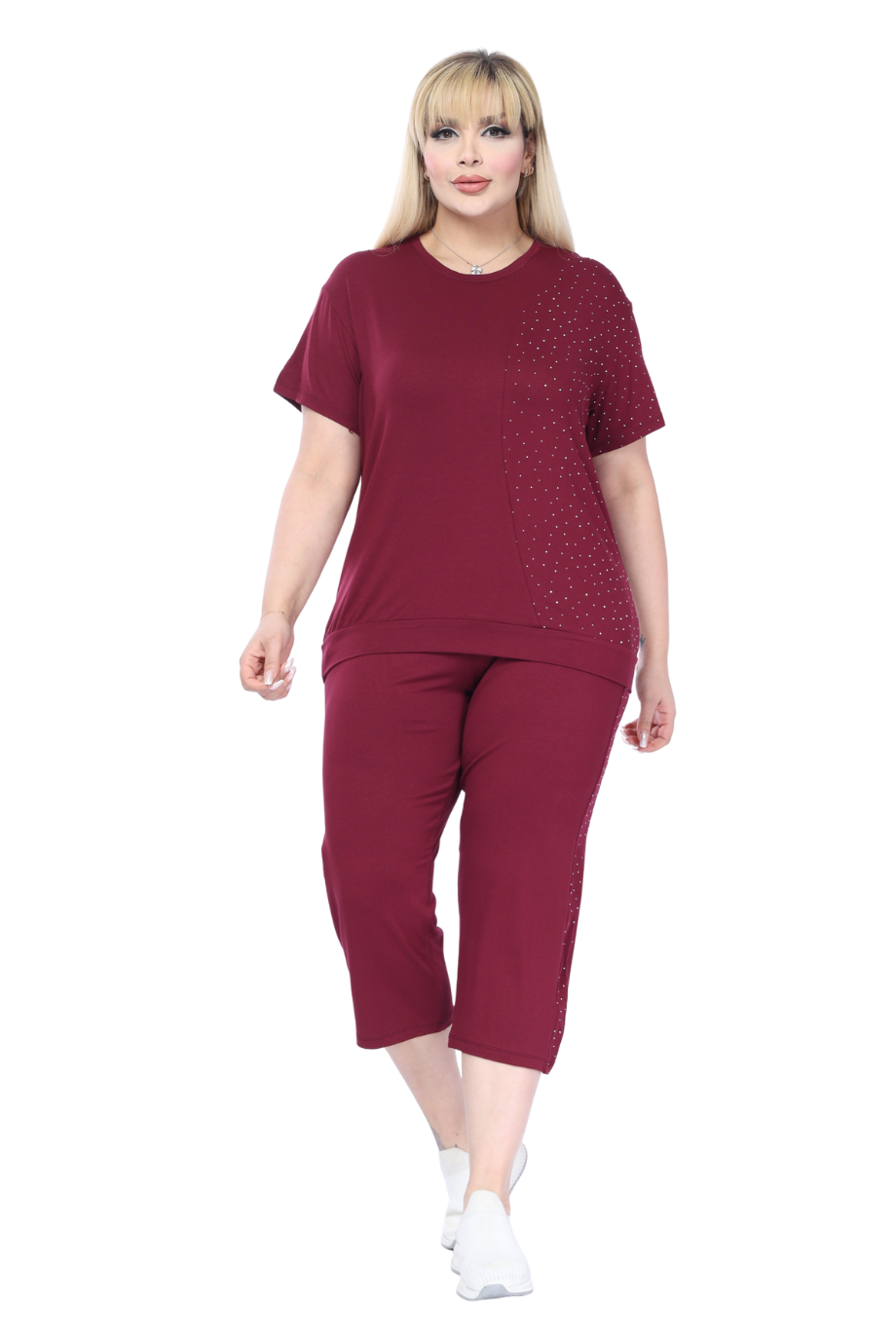 Melsay Butik Bordo Kısa Kollu Yarım Taş Baskılı Viskon Kapri Takım