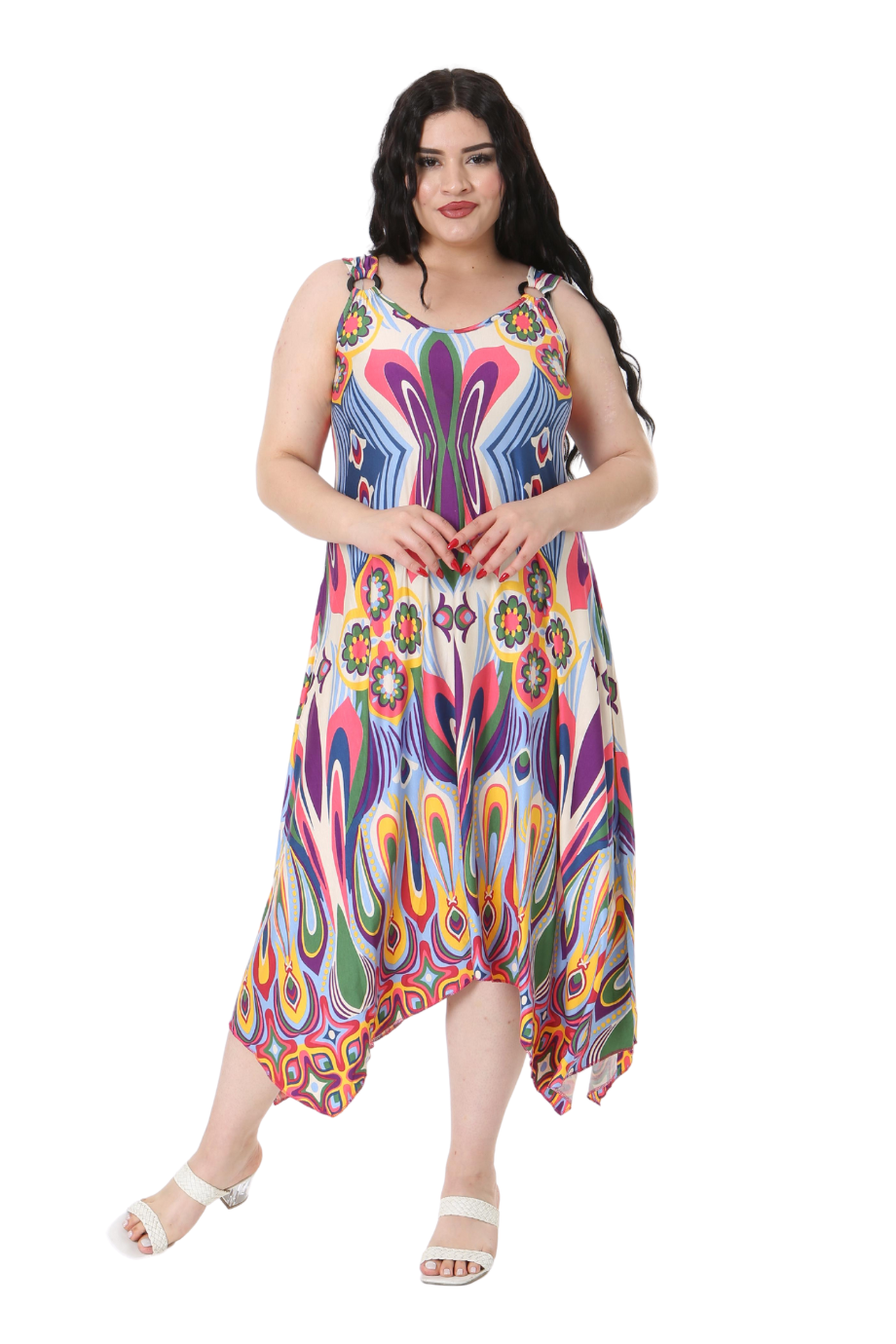 Melsay Butik Ekru Mavi Desenli Askılı V Yaka Elbise