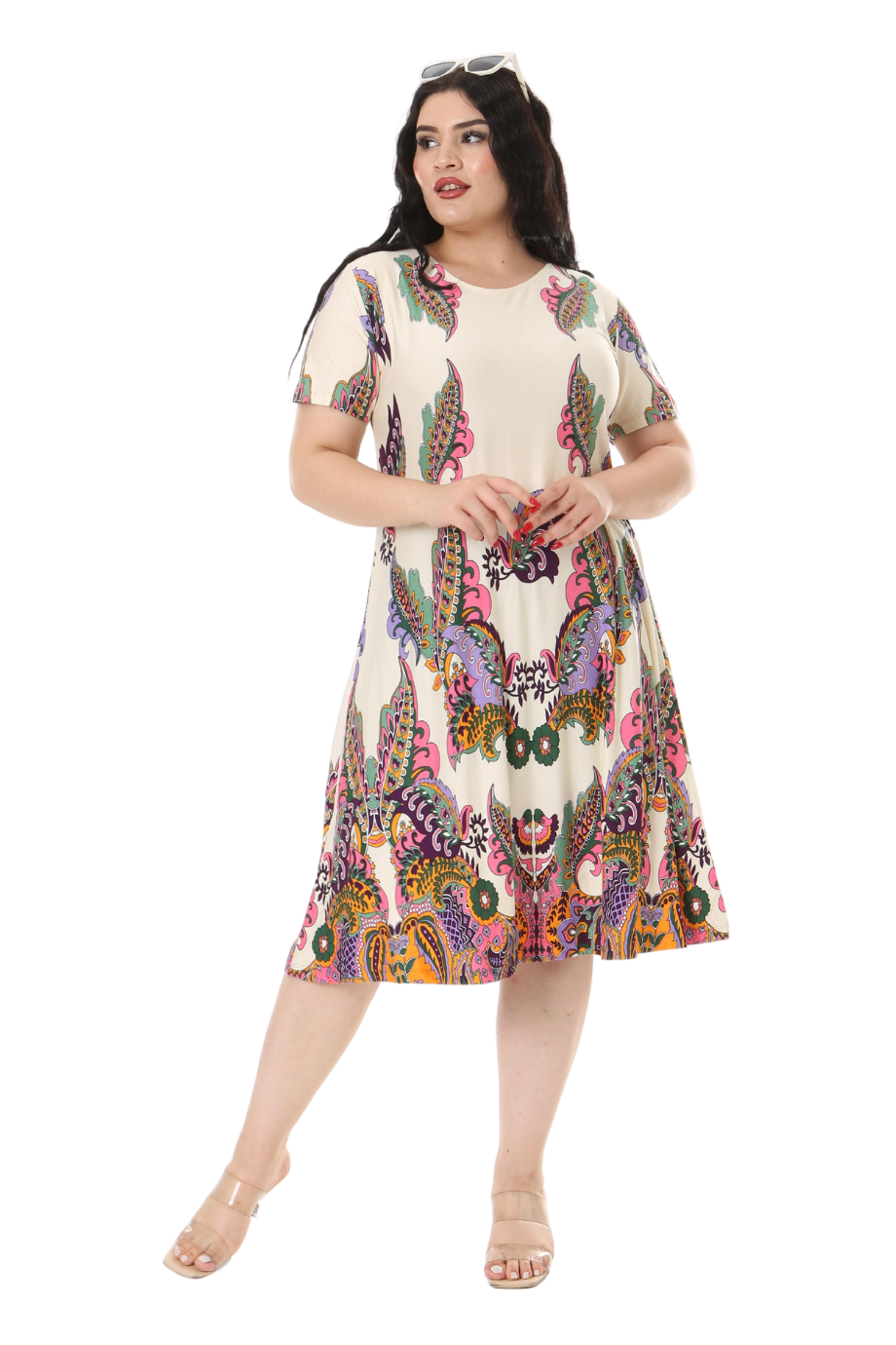 Melsay Butik Ekru Şal Desen Kısa Kollu Büyük Beden Midi Elbise