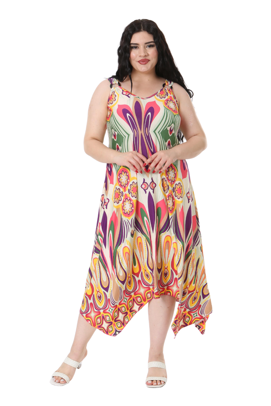 Melsay Butik Ekru Yeşil Desenli Askılı V Yaka Elbise