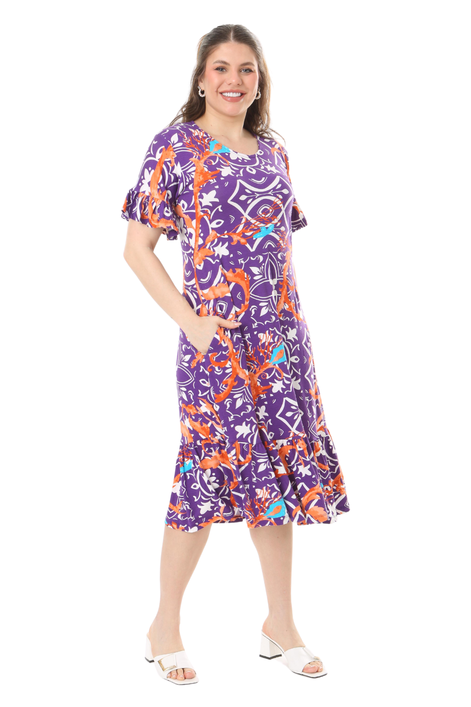 Melsay Butik Fırfırlı Cepli Kısa Kollu Mor Retro Desenli Elbise