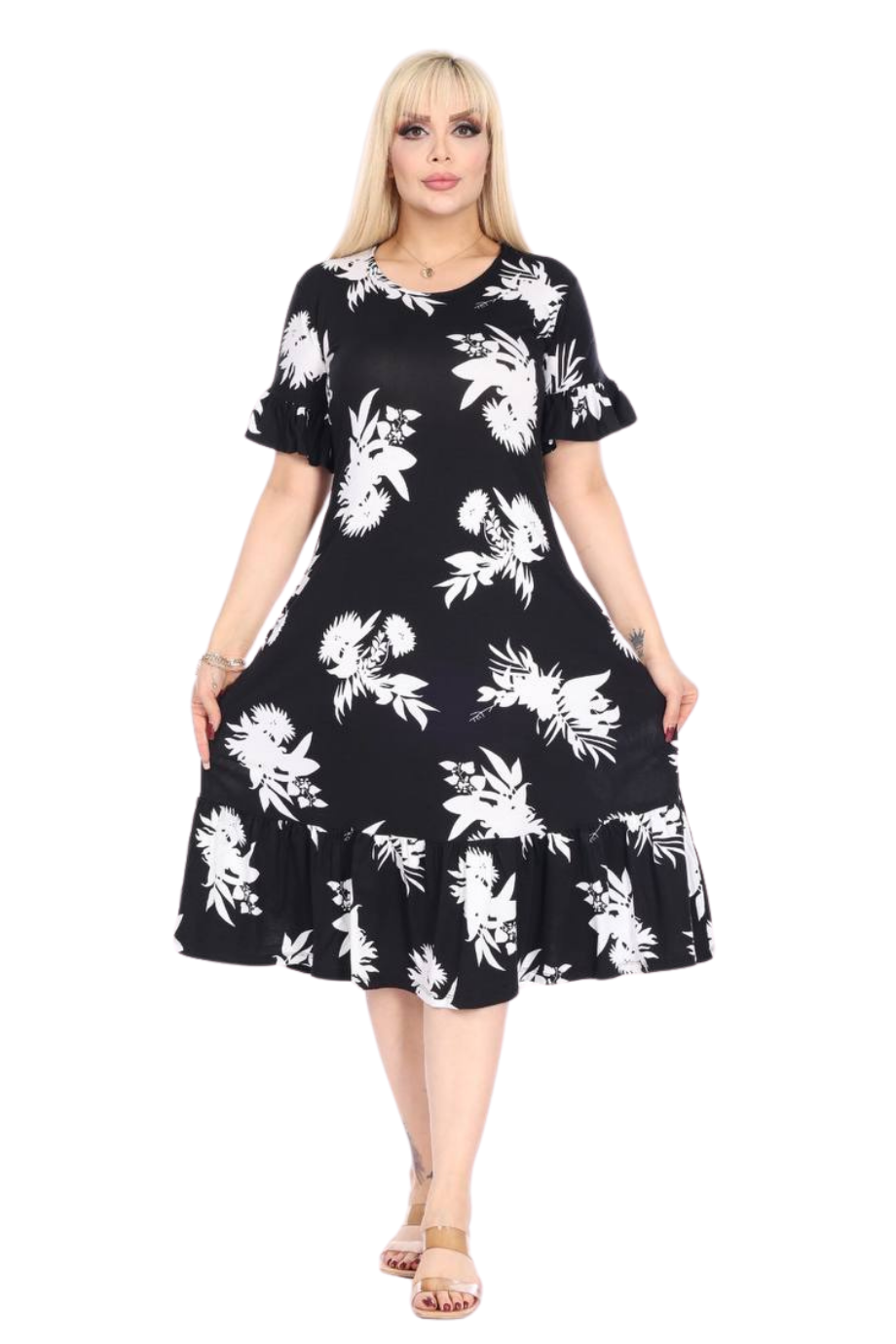 Melsay Butik Fırfırlı Kısa Kollu Siyah Beyaz Yaprak Desenli Cepli Elbise