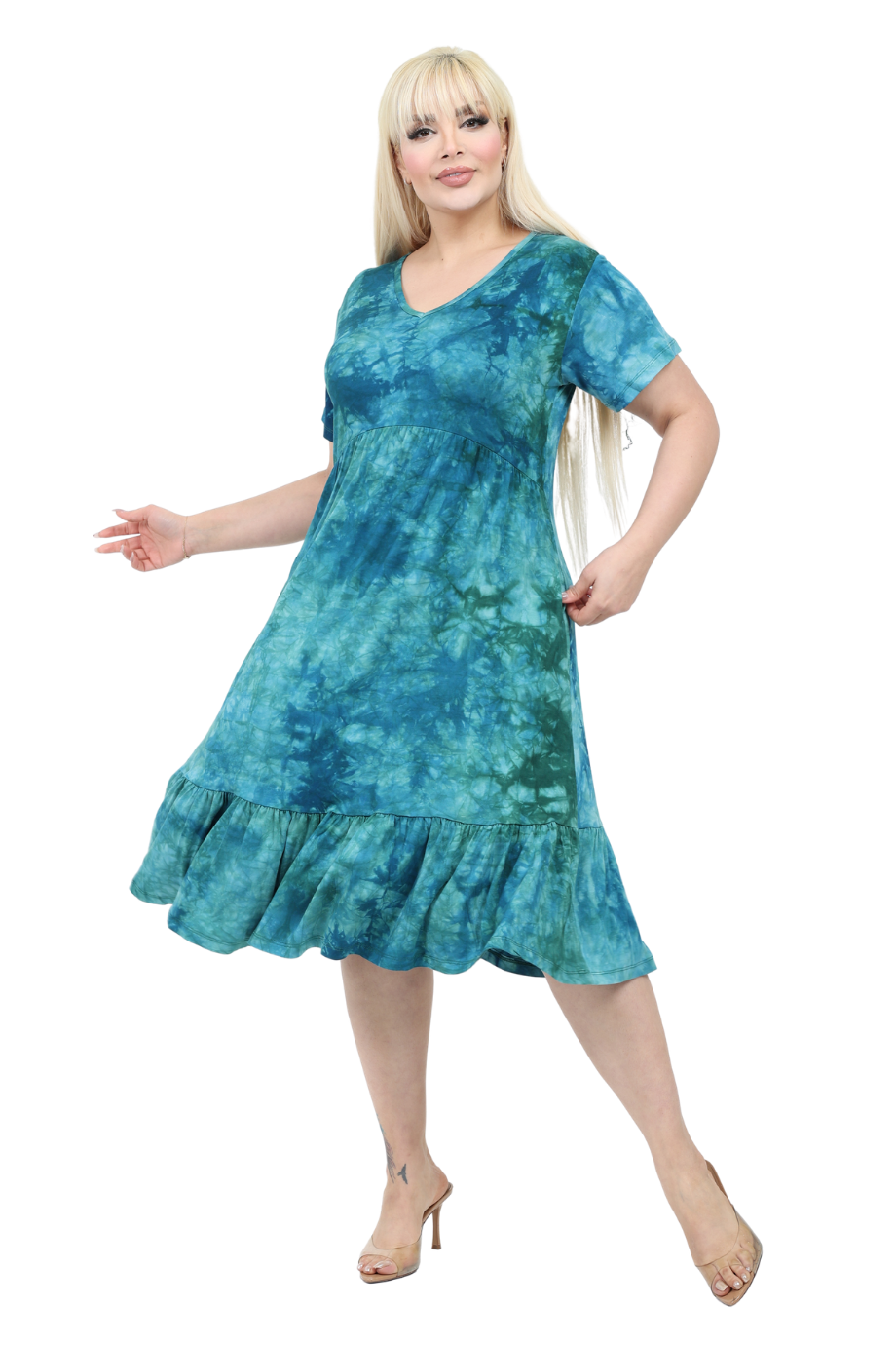 Melsay Butik Göğüsten Robalı V Yaka Kısa Kollu Turkuaz Batik Yıkama Cepli Elbise