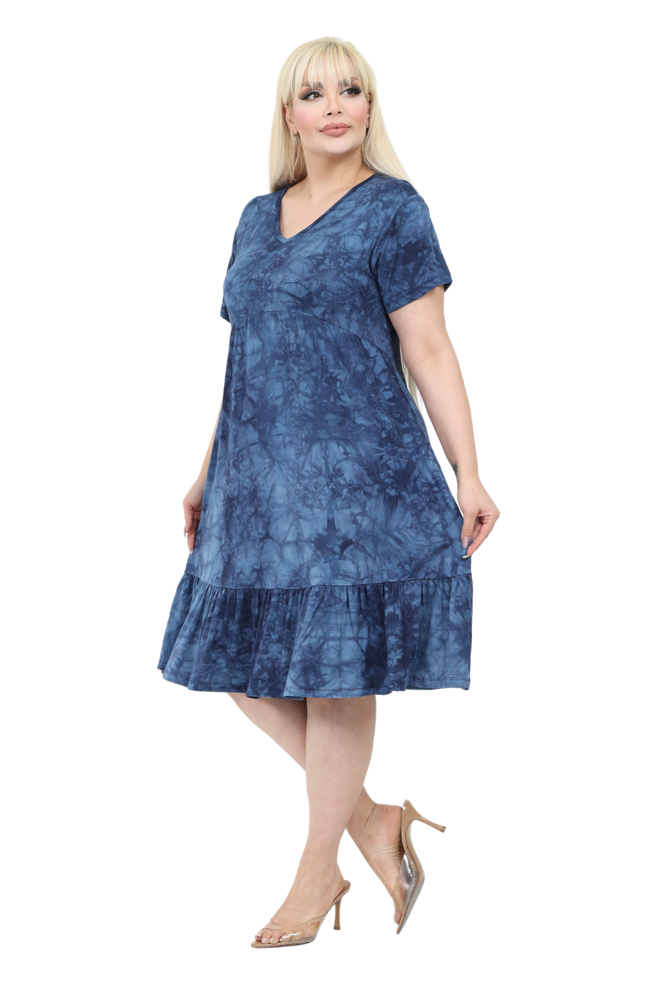Melsay Butik Göğüsten Robalı V Yaka Kısa Kollu Lacivert Batik Yıkama Cepli Elbise
