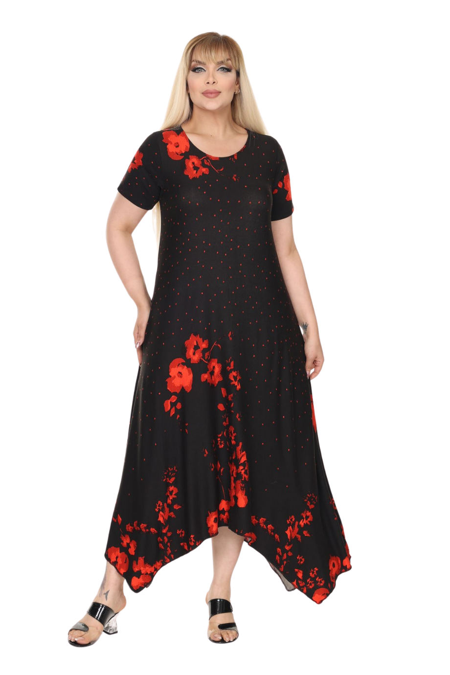 Melsay Butik Kırmızı Puanlı Gelincik Desen Asimetrik Kısa Kollu Elbise