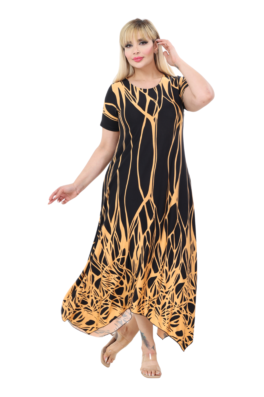 Melsay Butik Kısa Kollu Asimetrik Kesim Sarı Dalgalı Reflektör Desen Büyük Beden Elbise