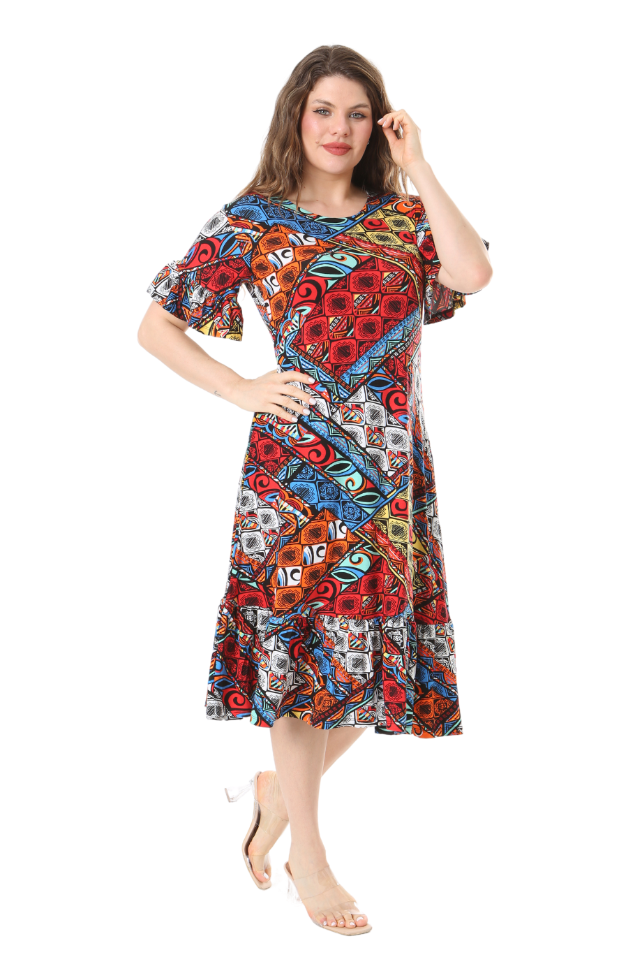 Melsay Butik Kısa Kollu Fırfırlı Cepli Mavi Patchwork Desenli Midi Elbise