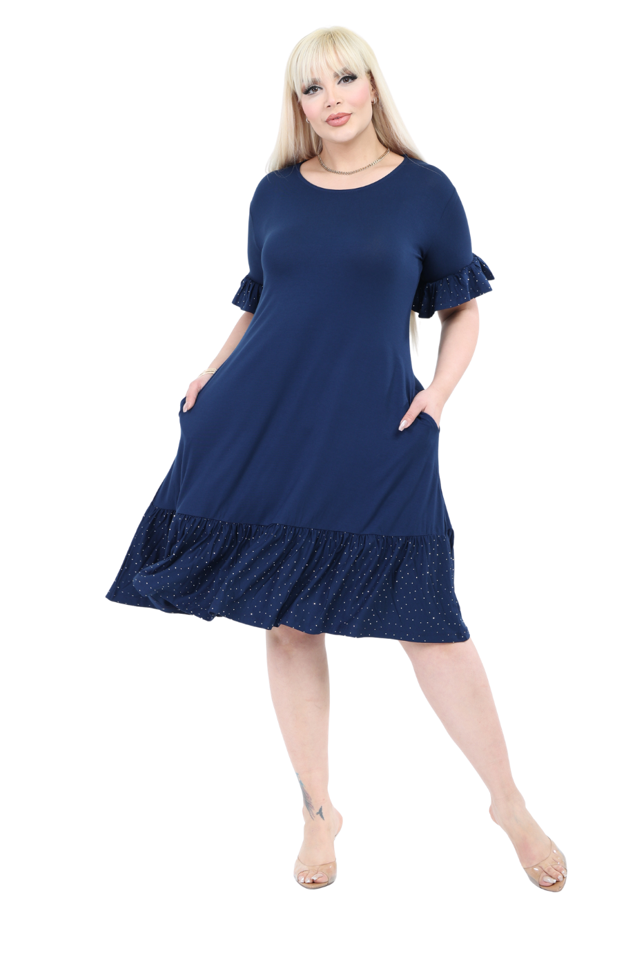 Melsay Butik Kolları Taş Baskılı Fırfırlı Kısa Kollu Lacivert Kadın Midi Elbise