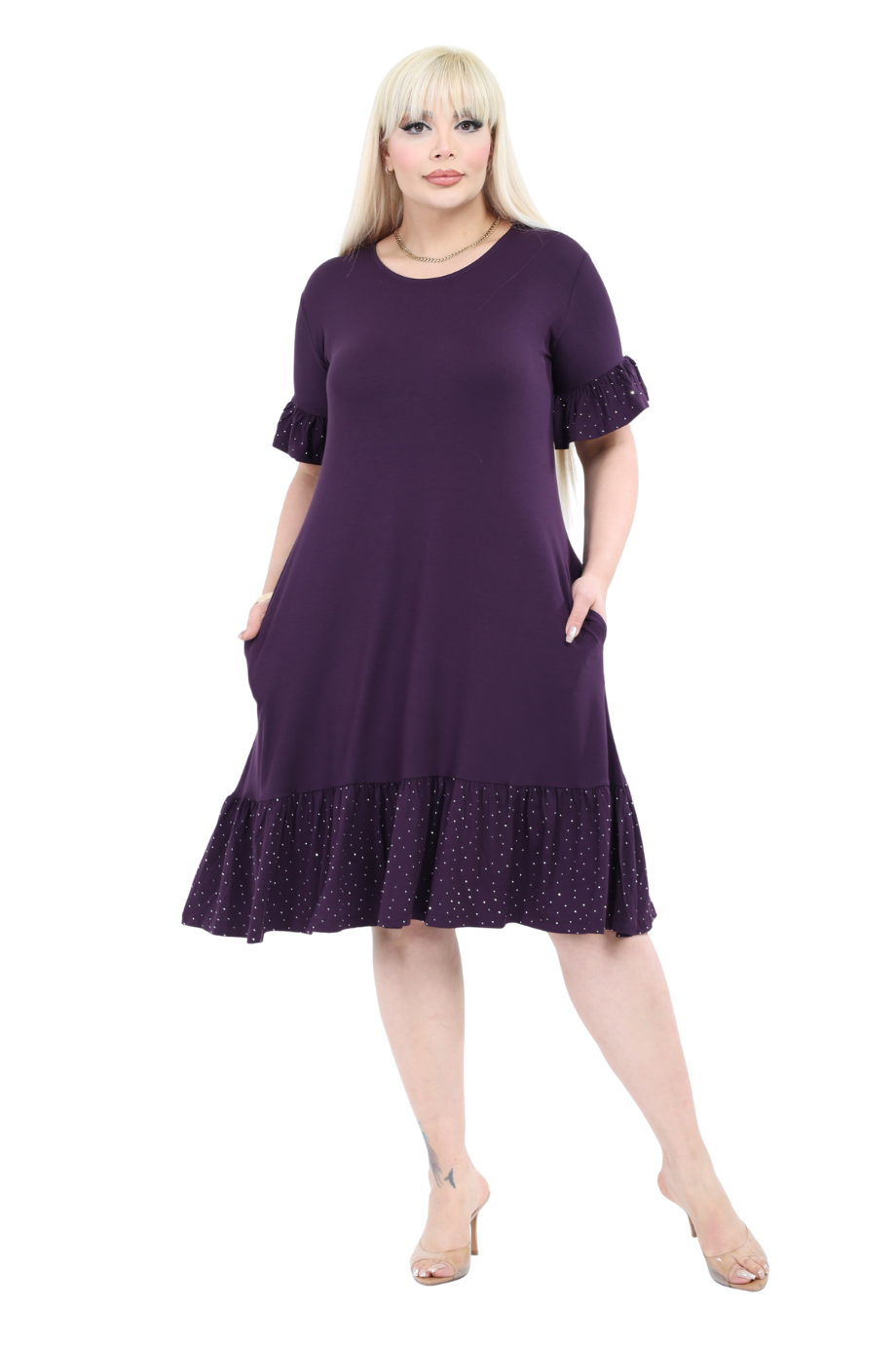 Melsay Butik Kolları Taş Baskılı Fırfırlı Kısa Kollu Mor Kadın Midi Elbise