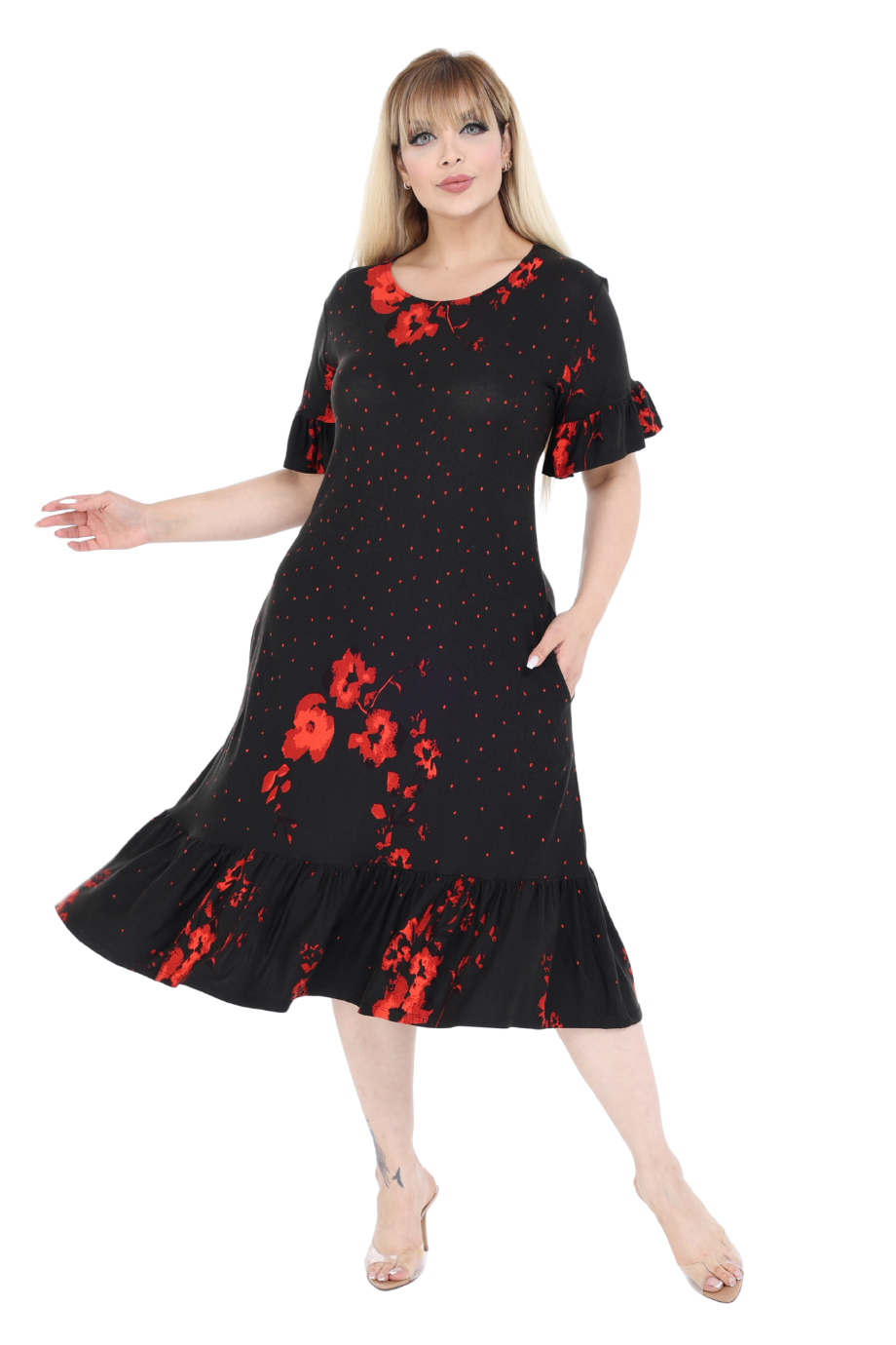 Melsay Butik Kolları ve Eteği Fırfırlı Kırmızı Puanlı Gelincik Desen Cepli Kadın Elbise