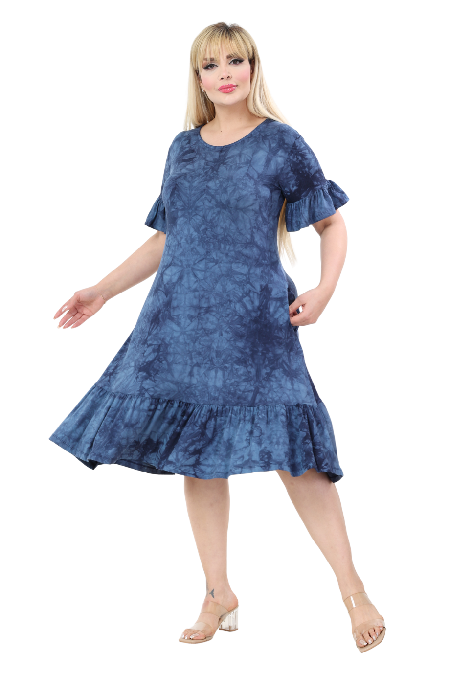 Melsay Butik Lacivert Batik Yıkamalı Cepli Fırfırlı Kısa Kollu Kadın Midi Elbise