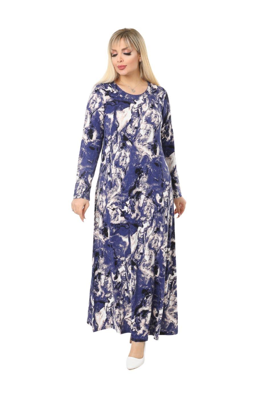 Melsay Butik Mavi Batik Desen Büyük Beden Uzun Tesettür Elbise