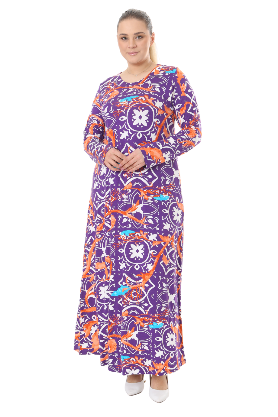 Melsay Butik Mor Retro Desen Uzun Kollu Kadın Elbise