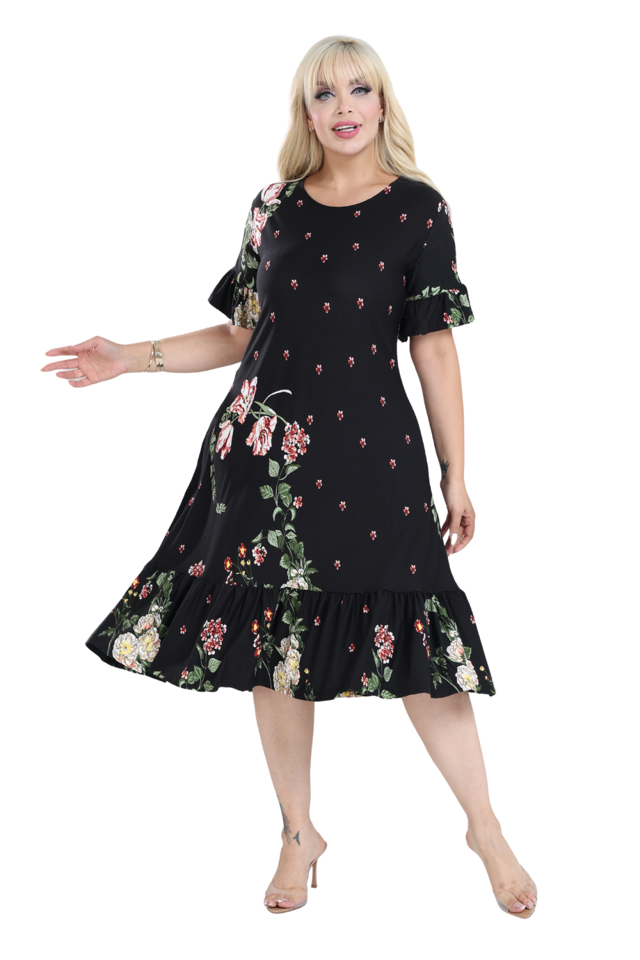 Melsay Butik Siyah Eteği Fırfırlı Sulu Pembe Çiçek Desen Cepli Kadın Elbise