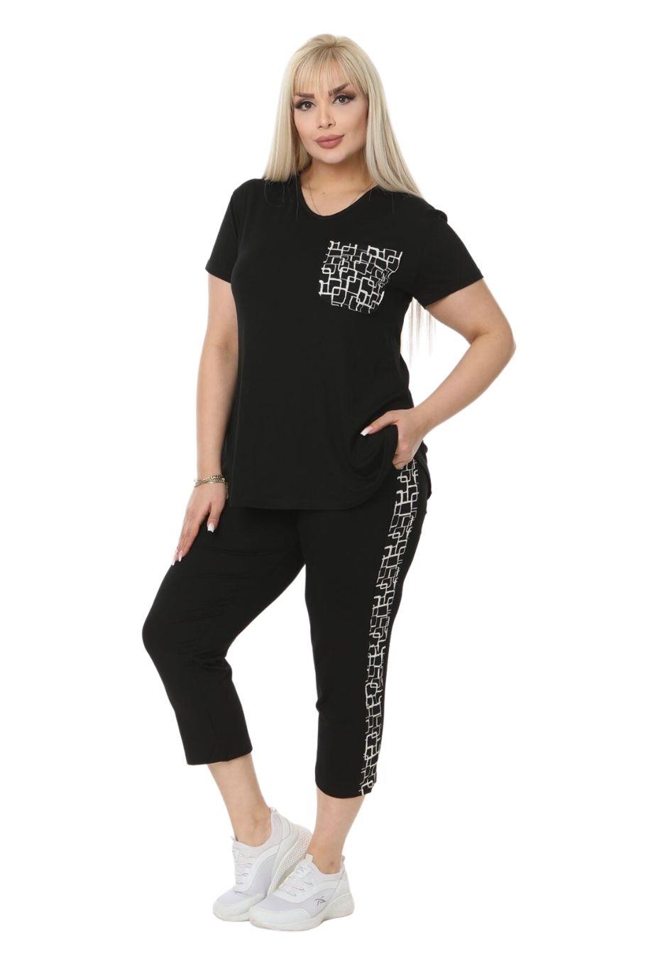 Melsay Butik Siyah Kareli Desen Büyük Beden Kadın Kapri Takımı
