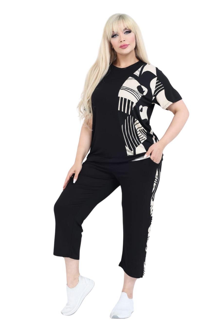 Melsay Butik Siyah Kısa Kol Yarım Barok Desen Viskon Kapri Takım