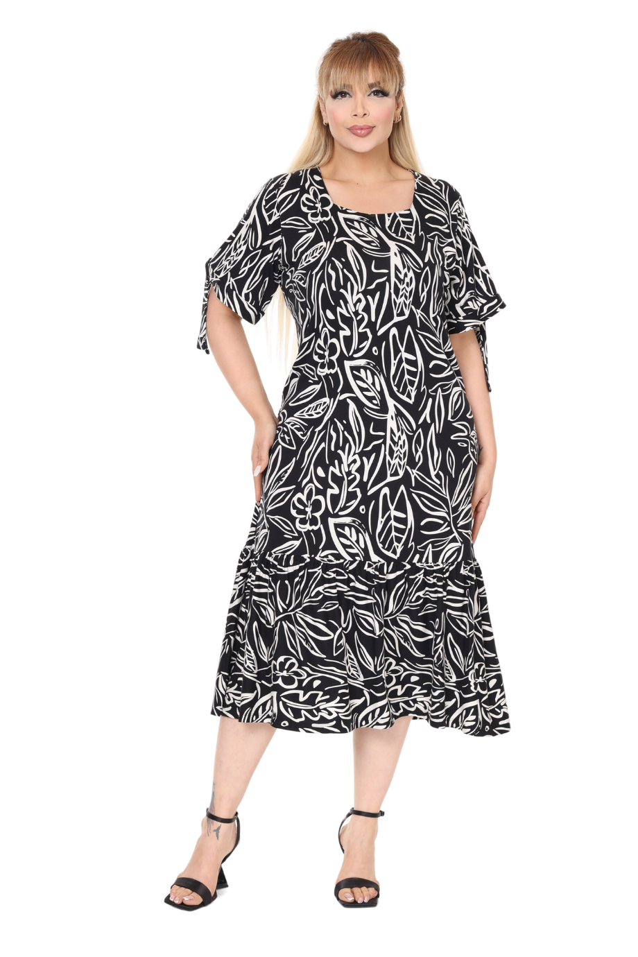 Melsay Butik Siyah Kolları Bağlamalı Kısa Kollu Yaprak Desen Elbise