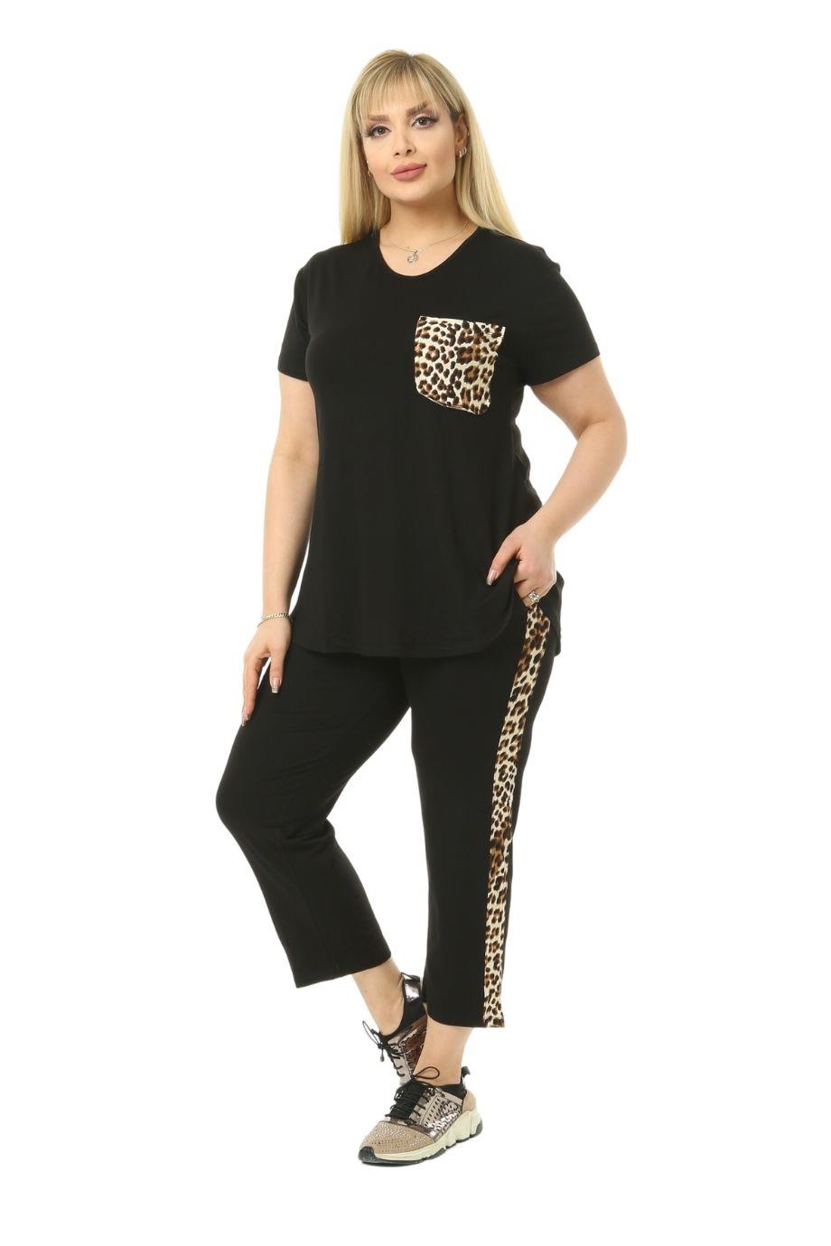 Melsay Butik Siyah Leopar Desen Büyük Beden Kadın Kapri Takımı