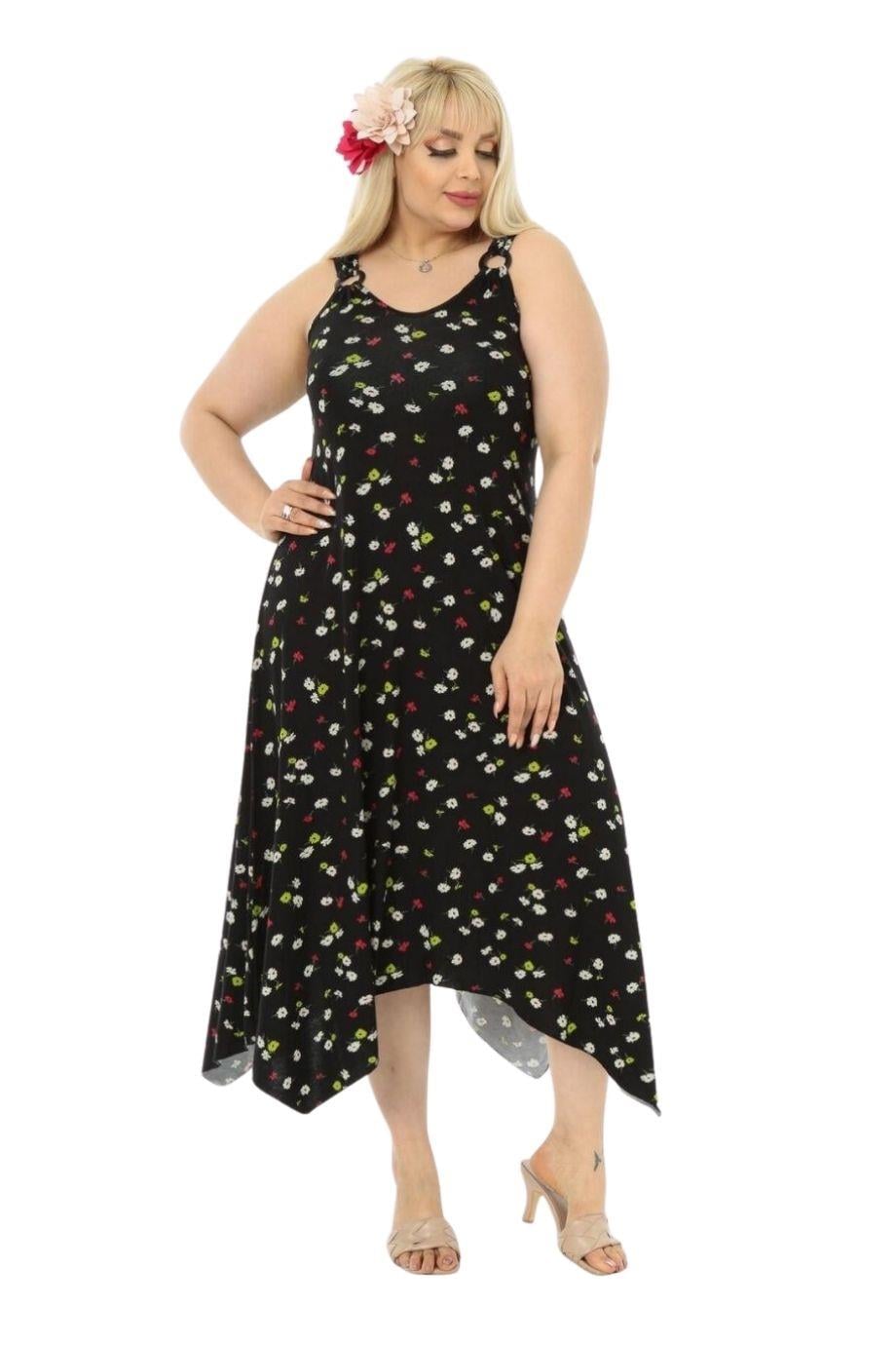 Melsay Butik Siyah Papatya Desen Askılı V Yaka Uzun Elbise