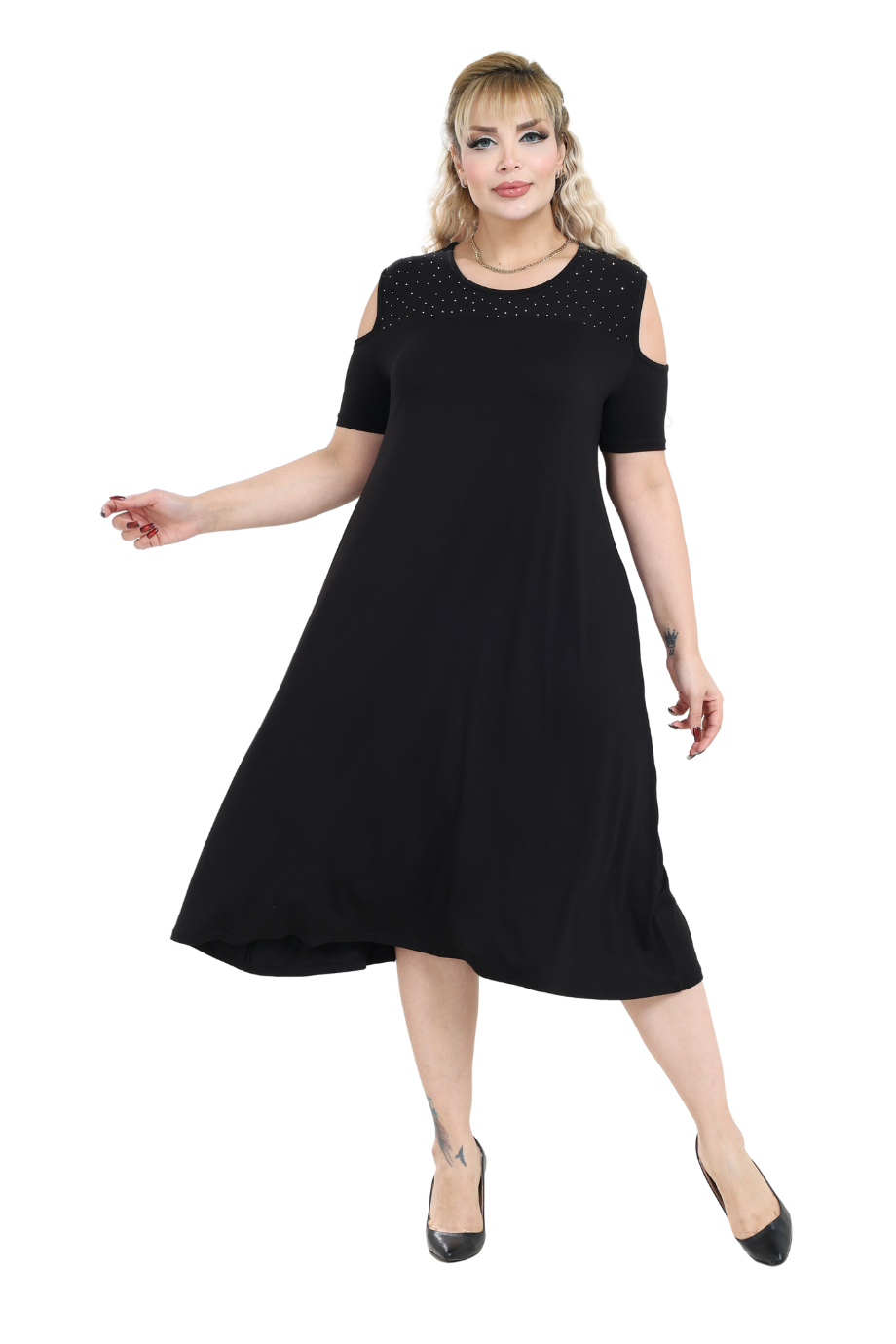 Melsay Butik Siyah Taş Baskılı Omuzu Açık Midi Elbise