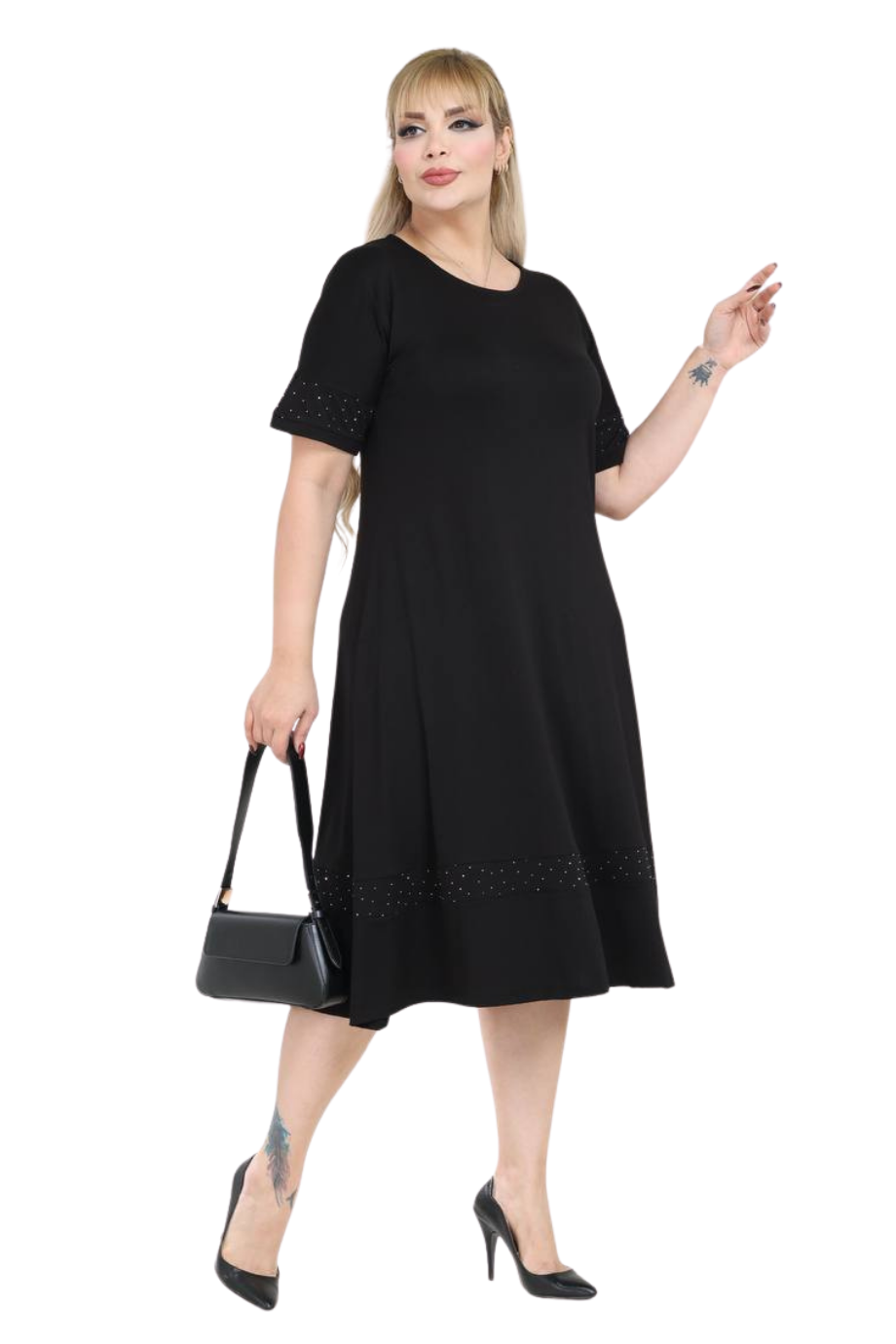Melsay Butik Siyah Taş Baskılı Şerit Kısa Kollu Midi Elbise