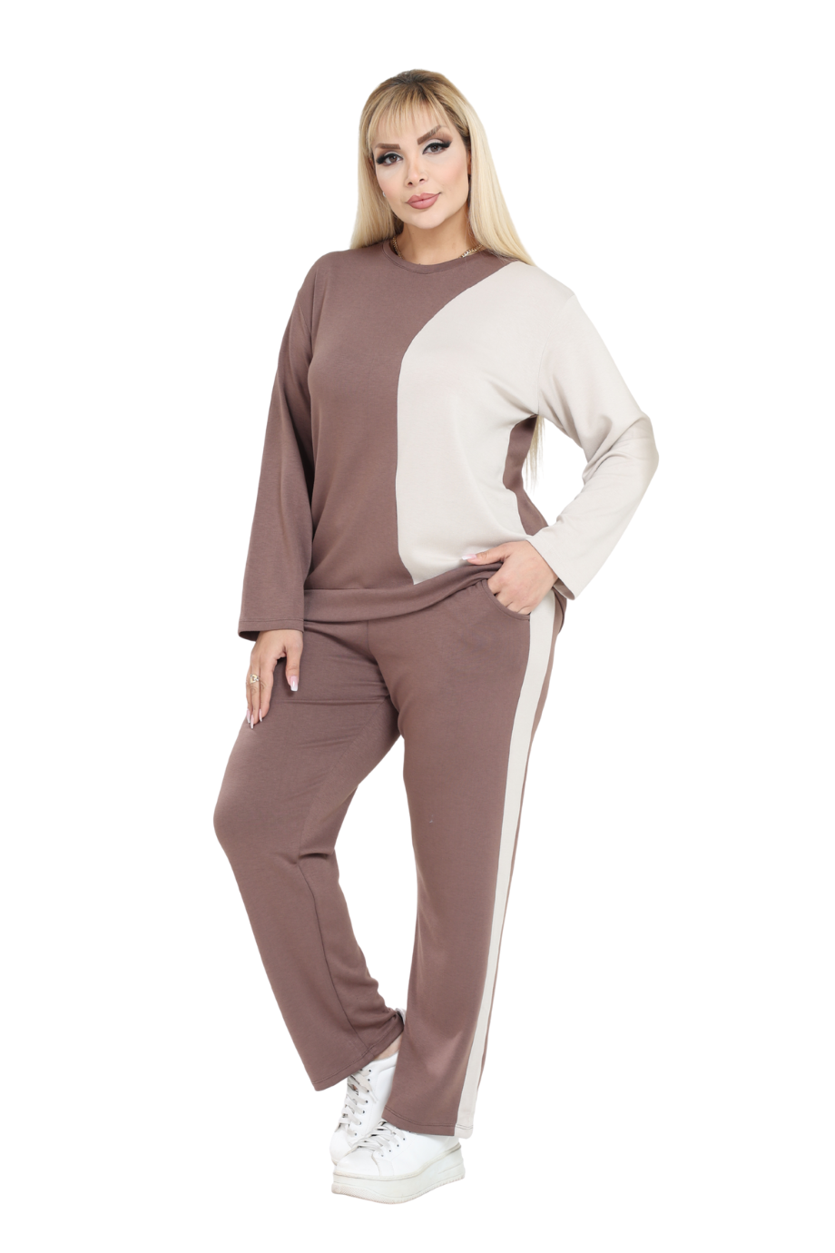 Melsay Butik Taba Ekru Renk Bloklu Modal Kadın Eşofman Takımı