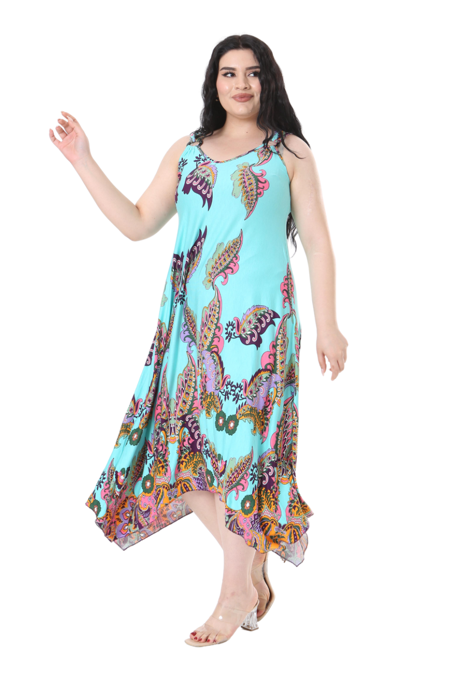 Melsay Butik Turkuaz Renkli Şal Desenli Askılı V Yaka Elbise