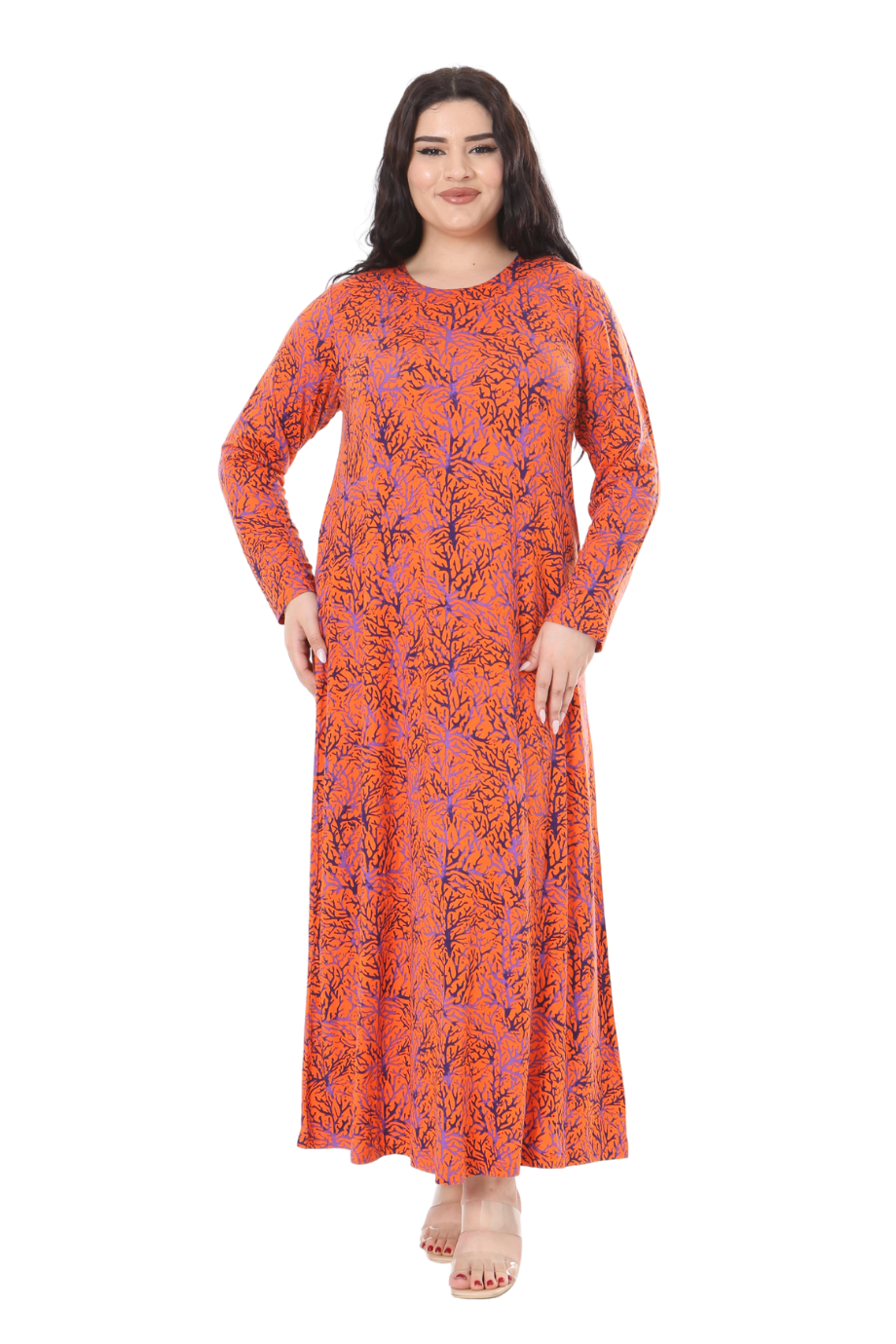 Melsay Butik Turuncu İnce Mercan Desen Uzun Kollu Kadın Elbise