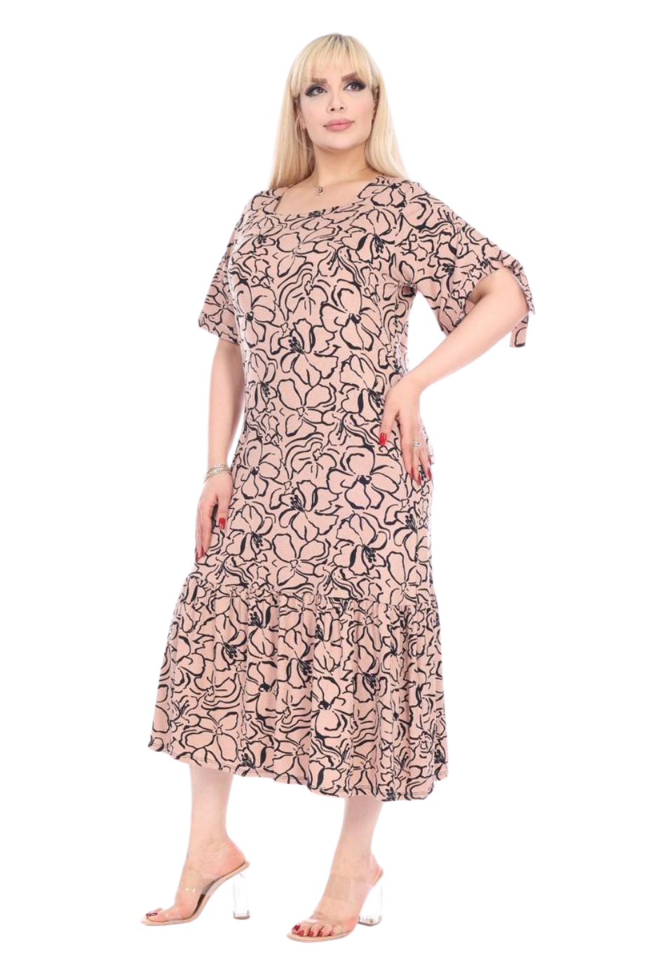 Melsay Butik Vizon Çiçek Desen Kolları Bağlamalı Kısa Kollu Kadın Midi Elbise