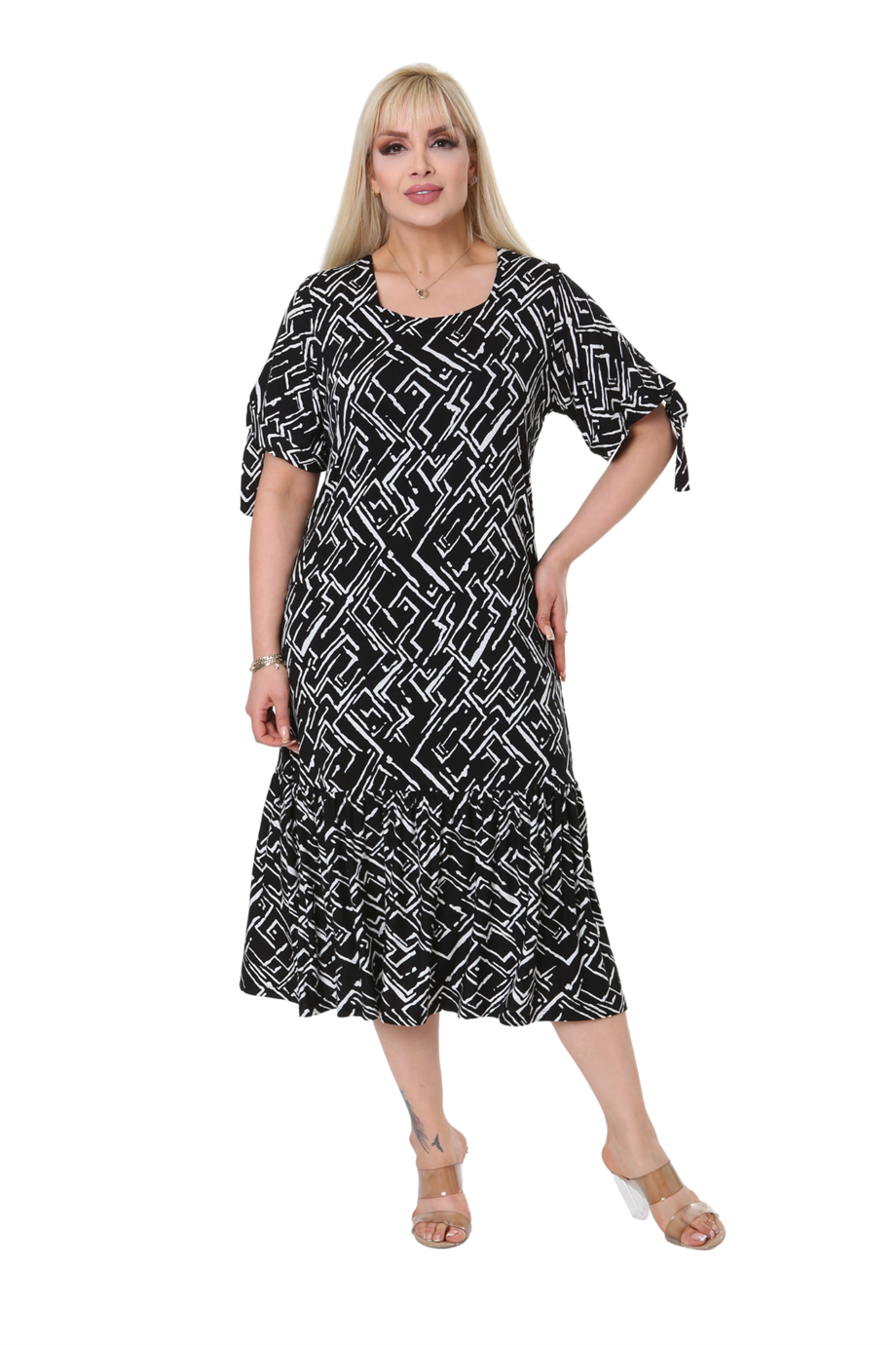 Melsay Butik Zigzag Çizgili Bağlamalı Kısa Kollu Kadın Midi Elbise