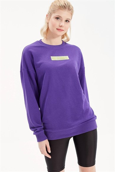 Neon Yazılı Mor Oversize Sweatshirt