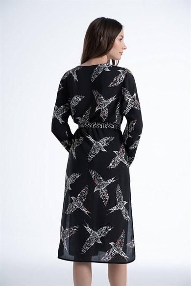 Kadın Kuş Desenli Siyah Kimono & Kaftan