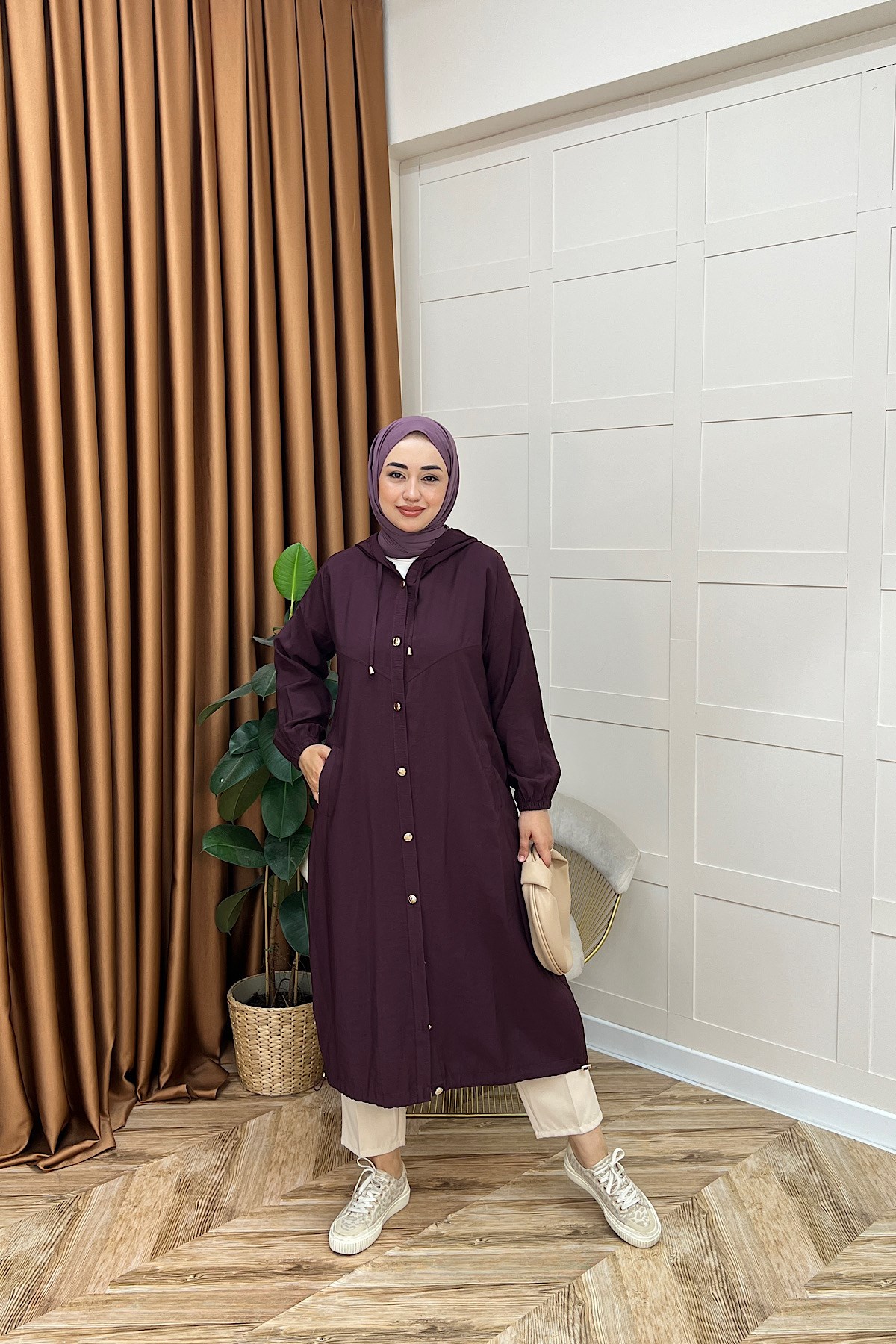 004-Liana Düğmeli Kap Mürdüm