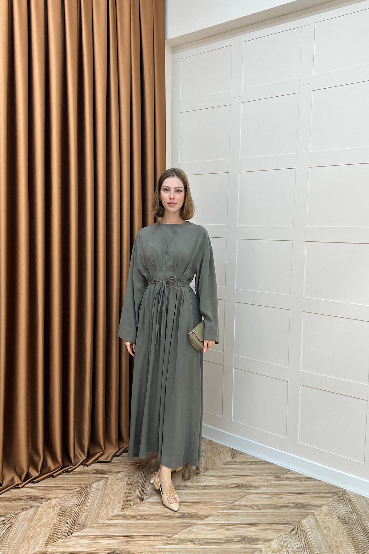 Belden Bağlamalı Cupra Elbise Yeşil