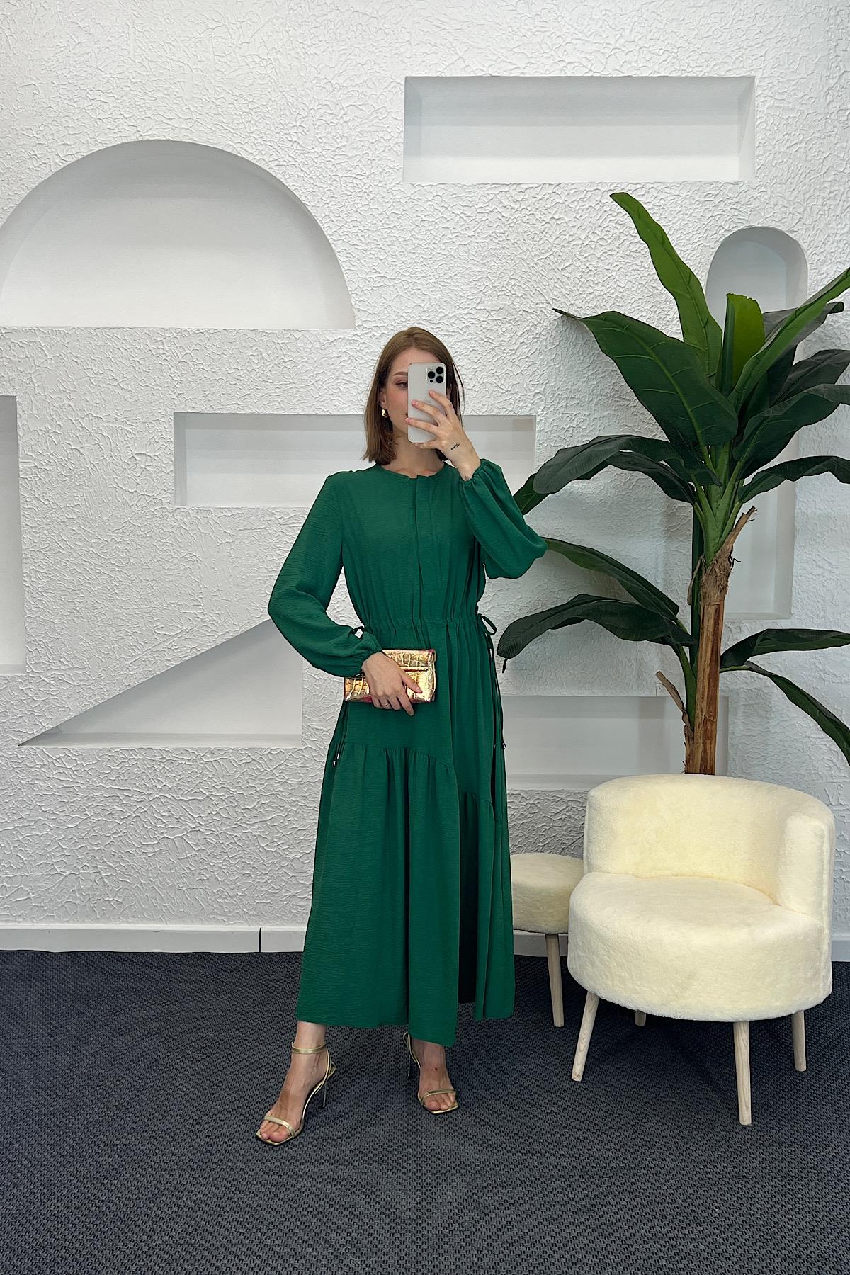 Beli Lastikli Linda Elbise Yeşil