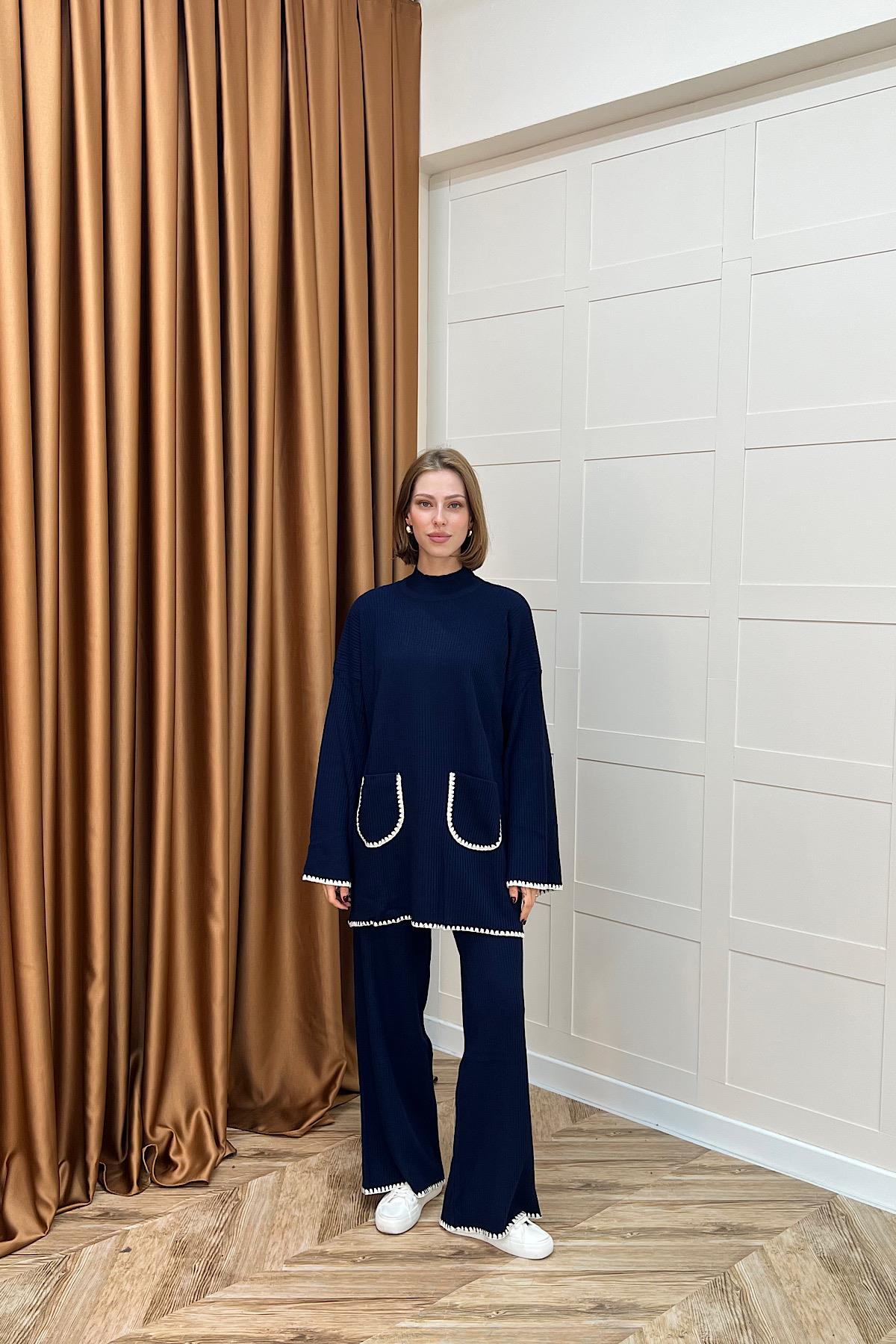 Cep Örgülü Triko Takım Lacivert