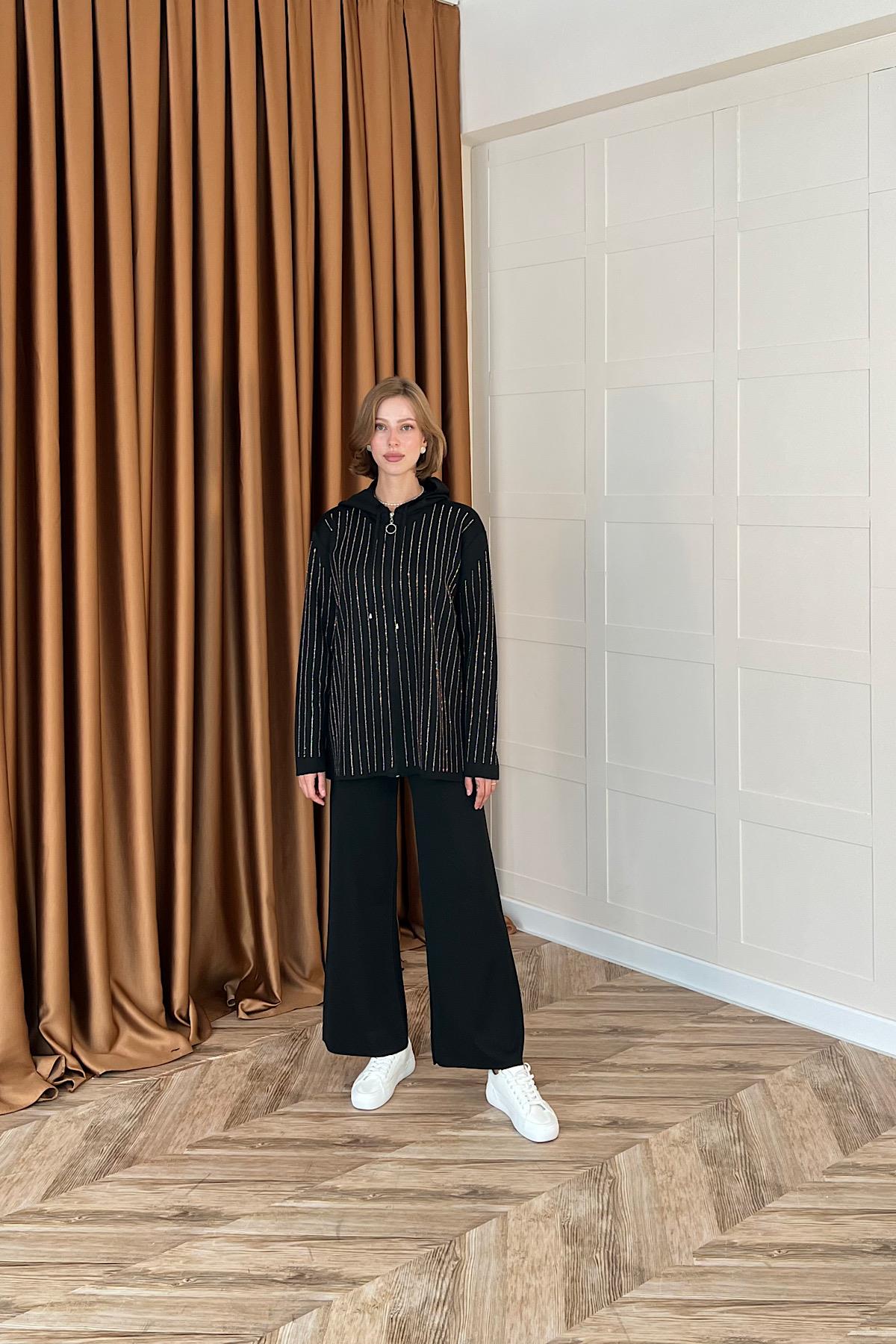 Eros Kapüşonlu Taşlı Triko Takım Siyah