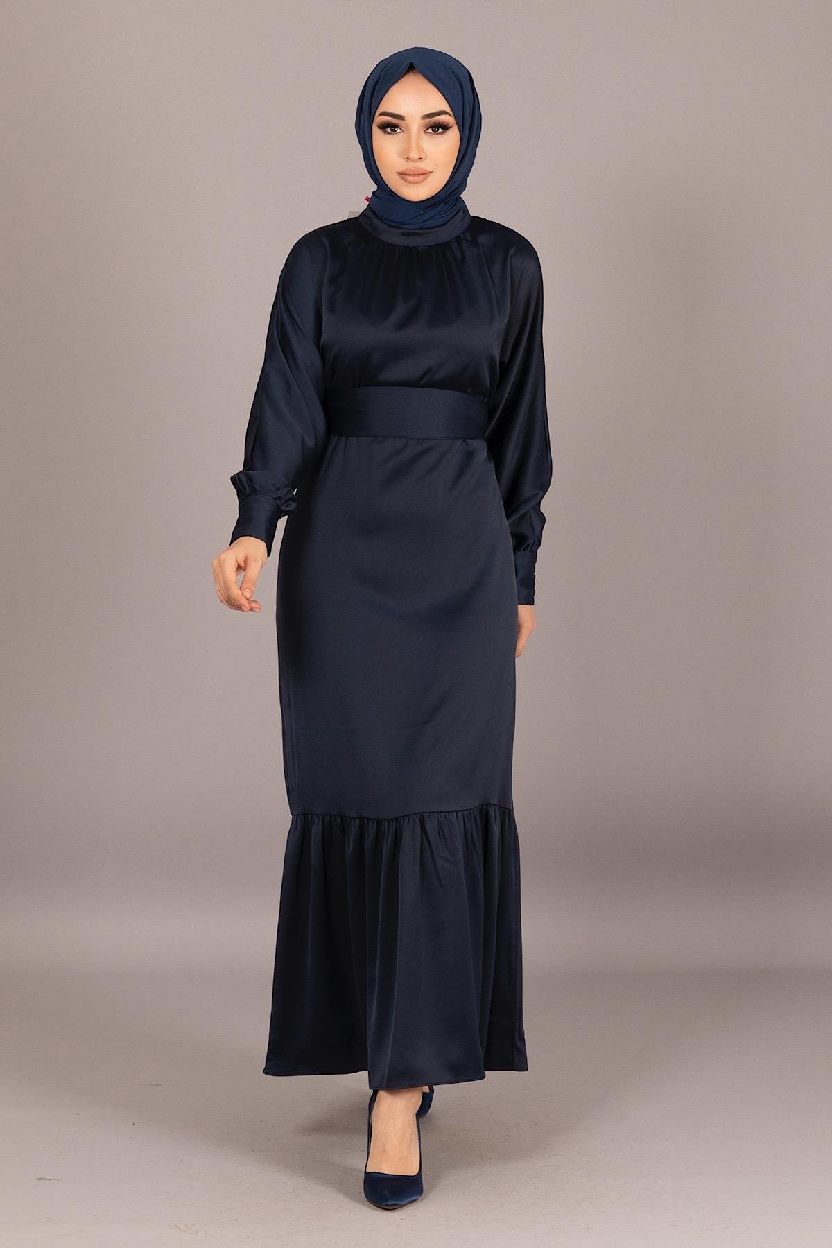 Etek Volan Saten Elbise Lacivert