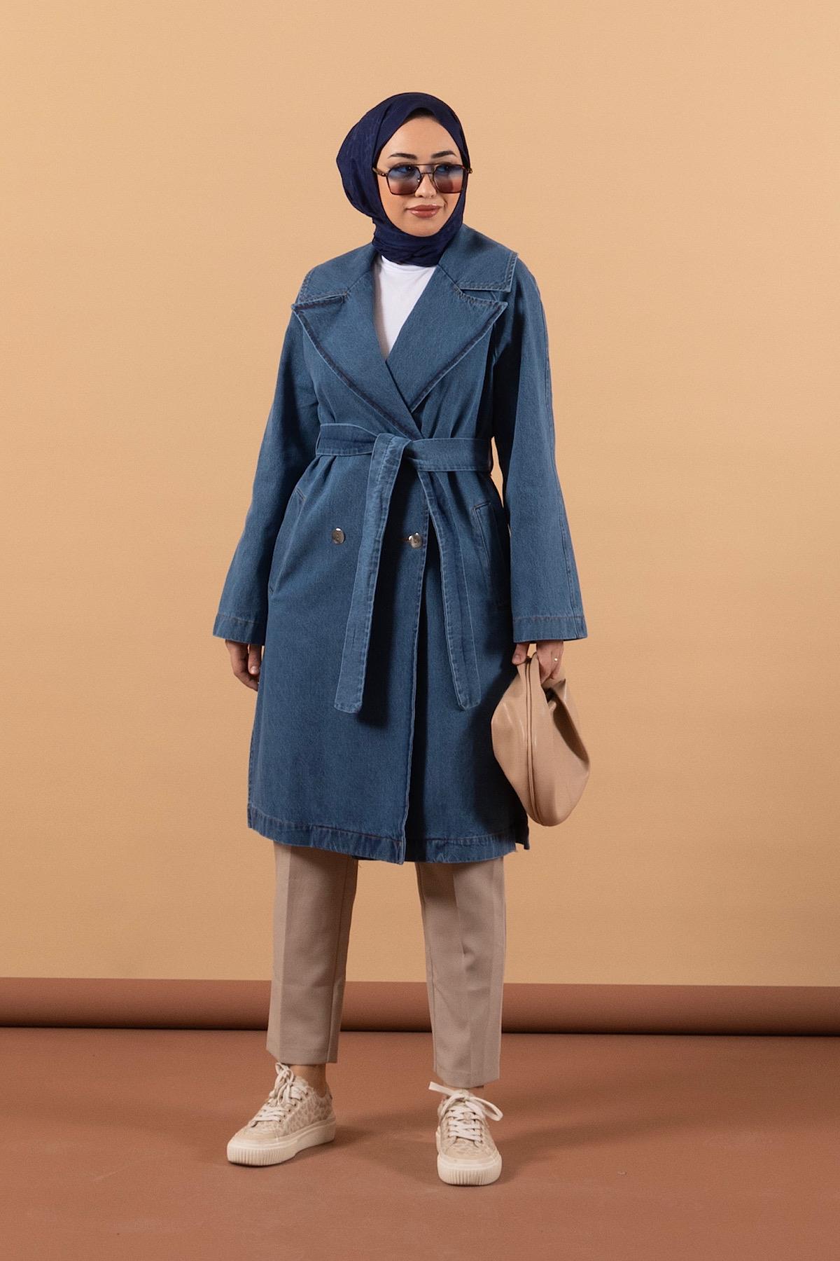 Geniş Yaka Denim Kap Mavi