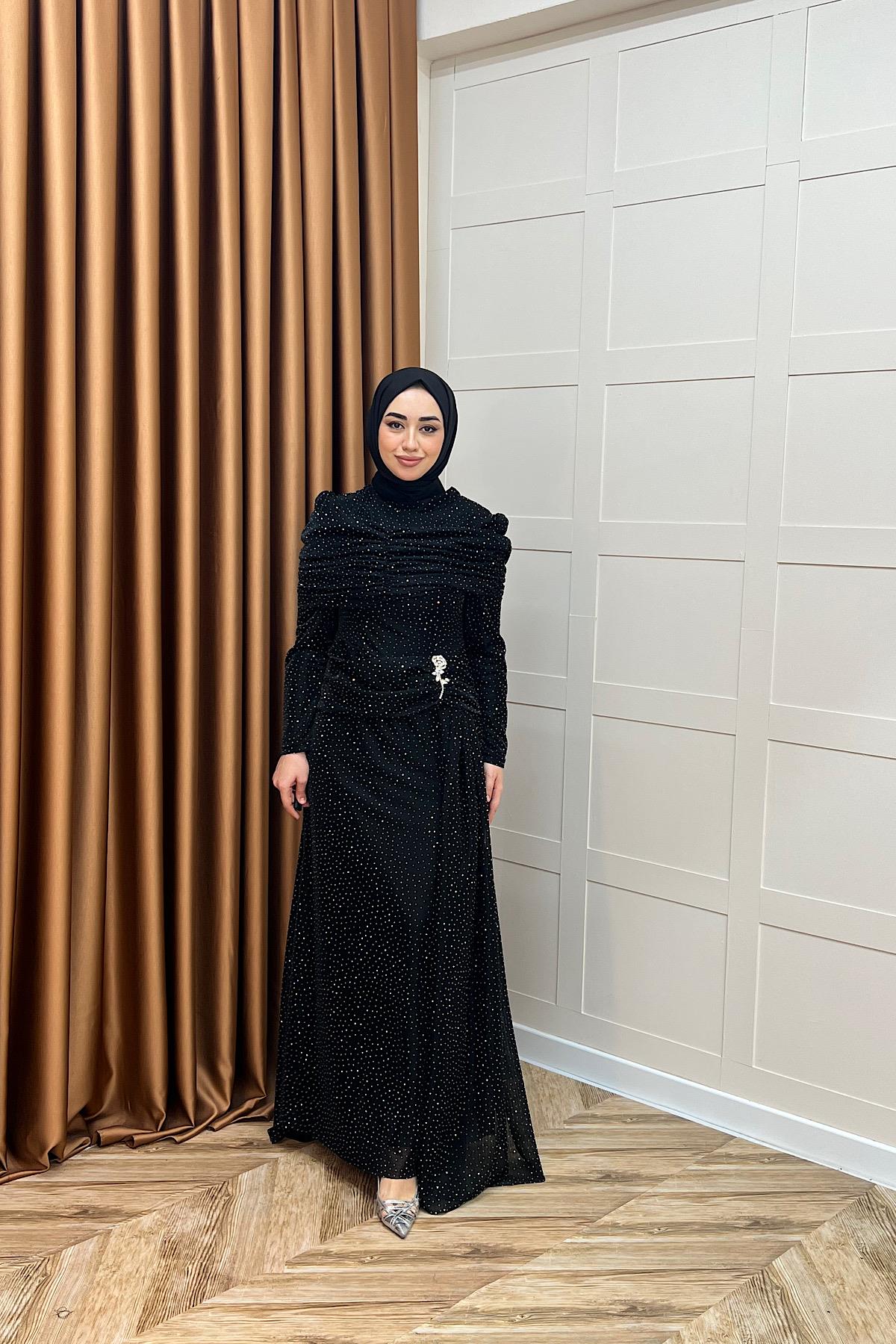Helena Çiçek Taşlı Abiye Siyah