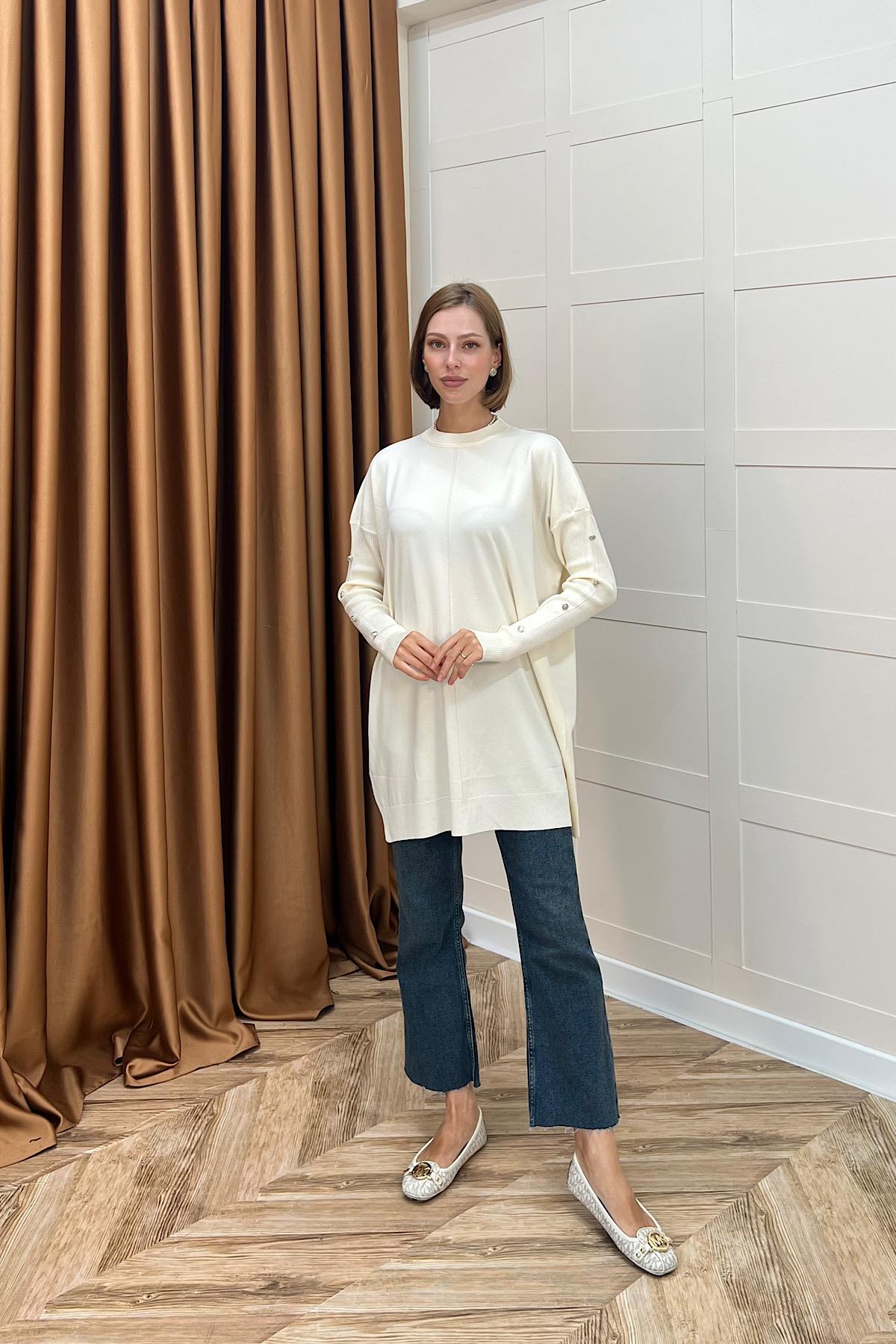 Kol Düğmeli Triko Tunik Ekru