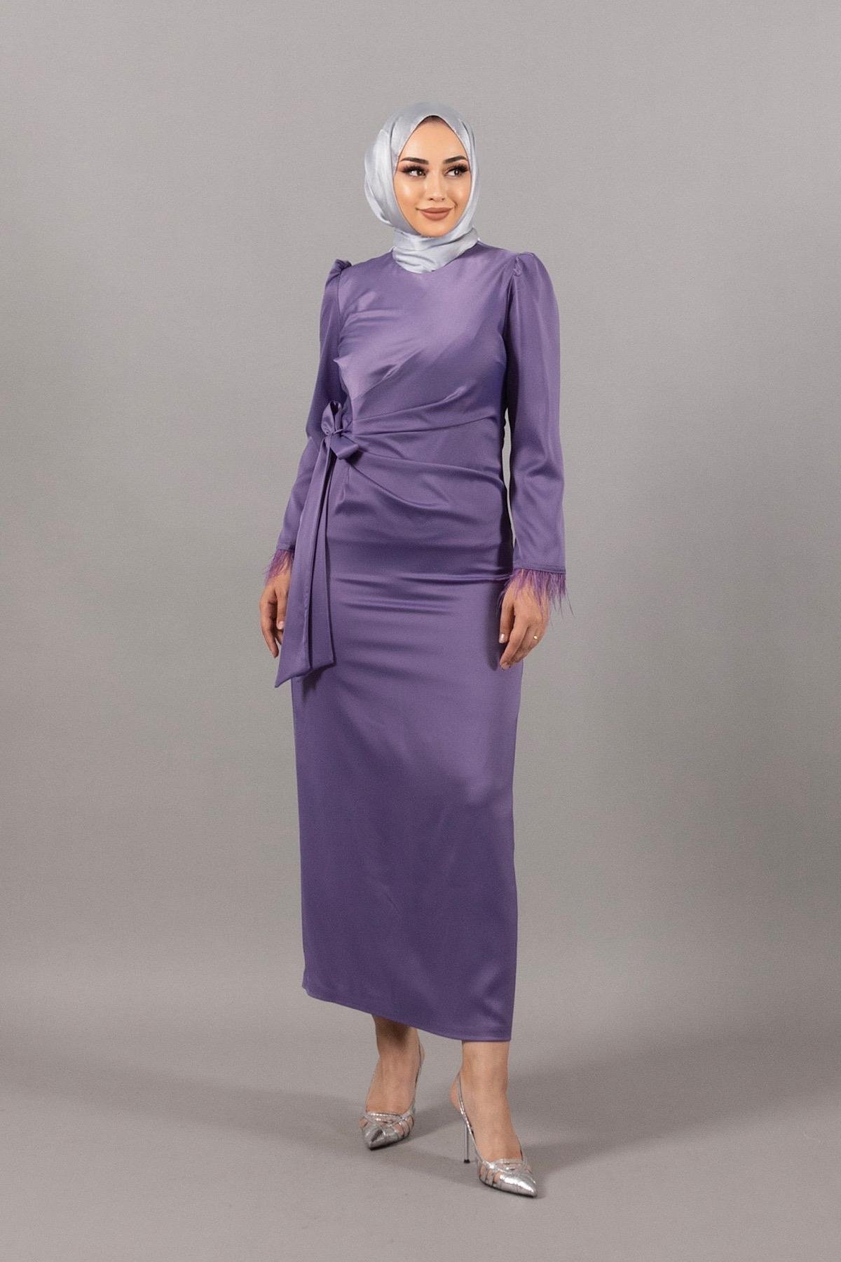 Kol Saçaklı Saten Abiye Lila