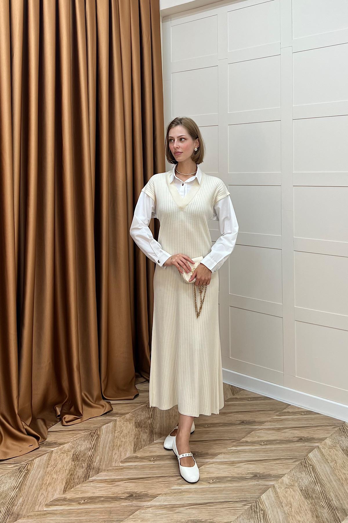 Kol Yaka Gömlekli Triko Elbise Taş