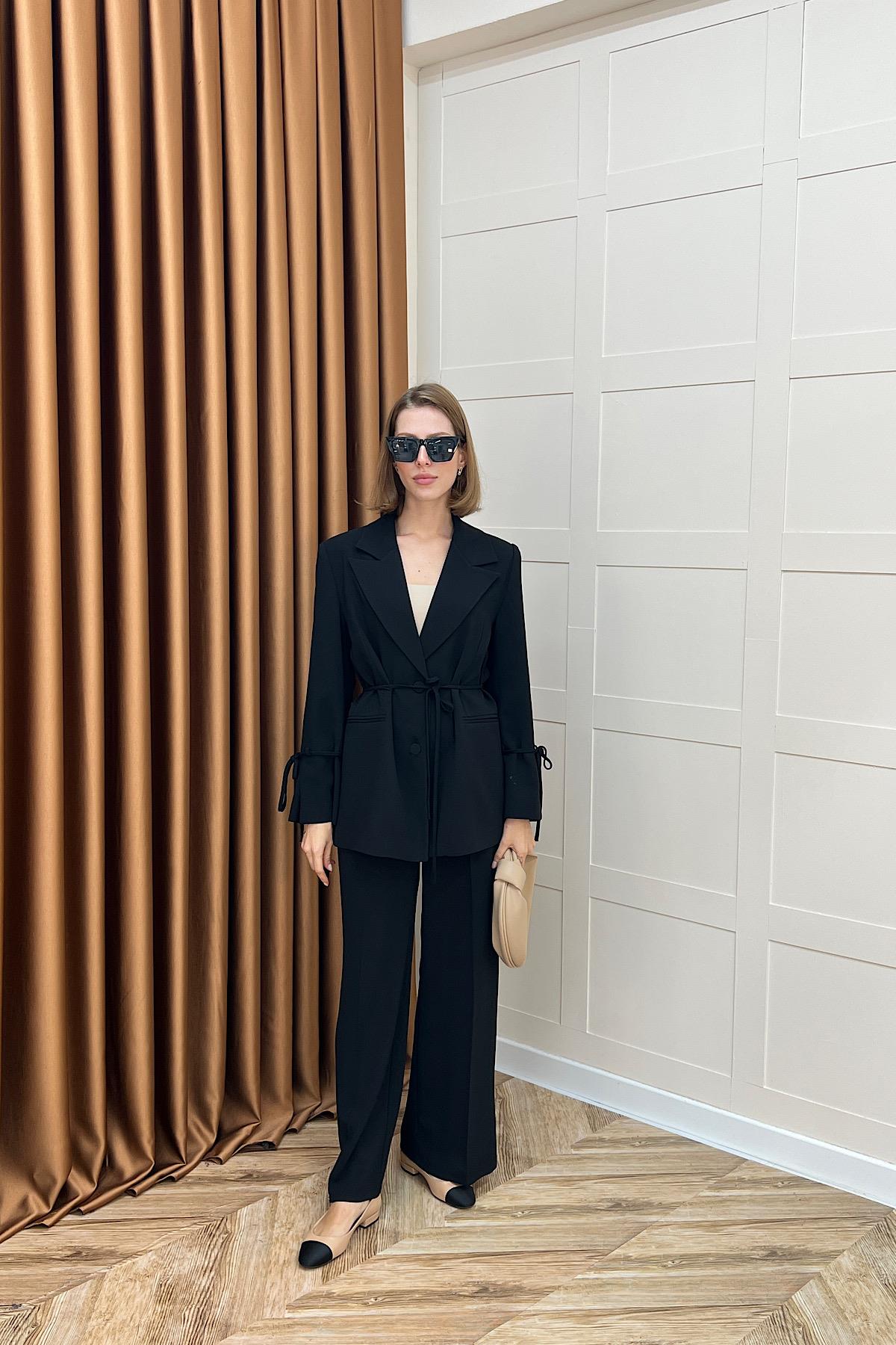 Kuşak Detay Ceket Takım Siyah