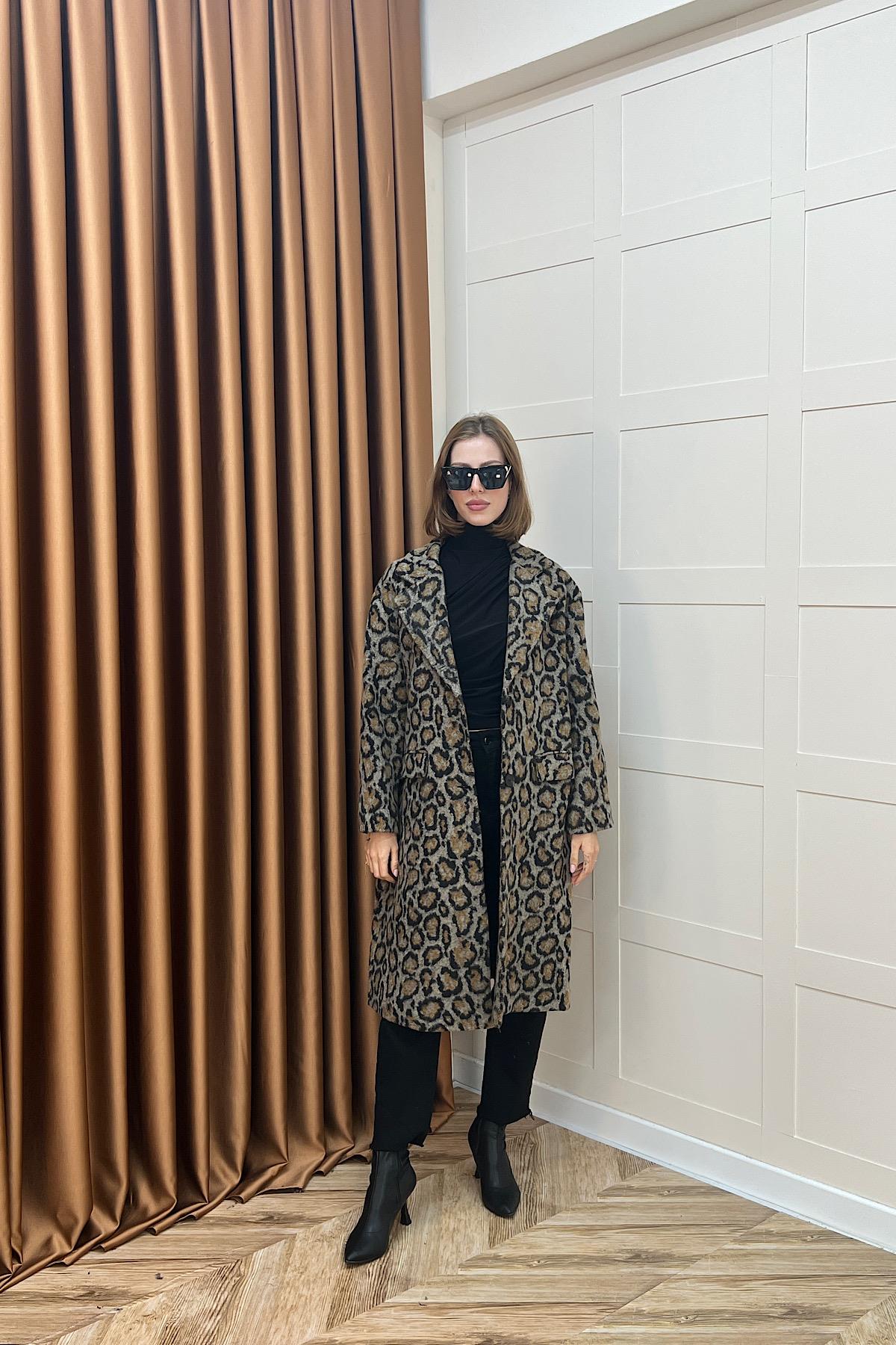 Leopar Desen Kaşe Kaban Kahverengi