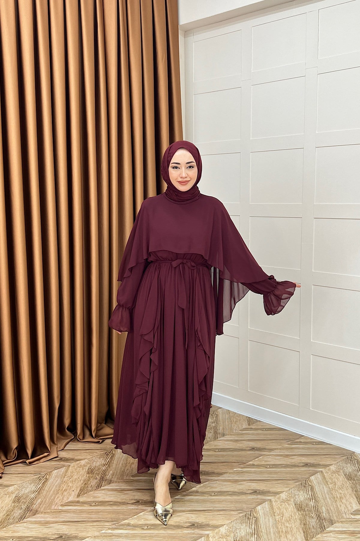 Lovely Şifon Fırfırlı Elbise Bordo